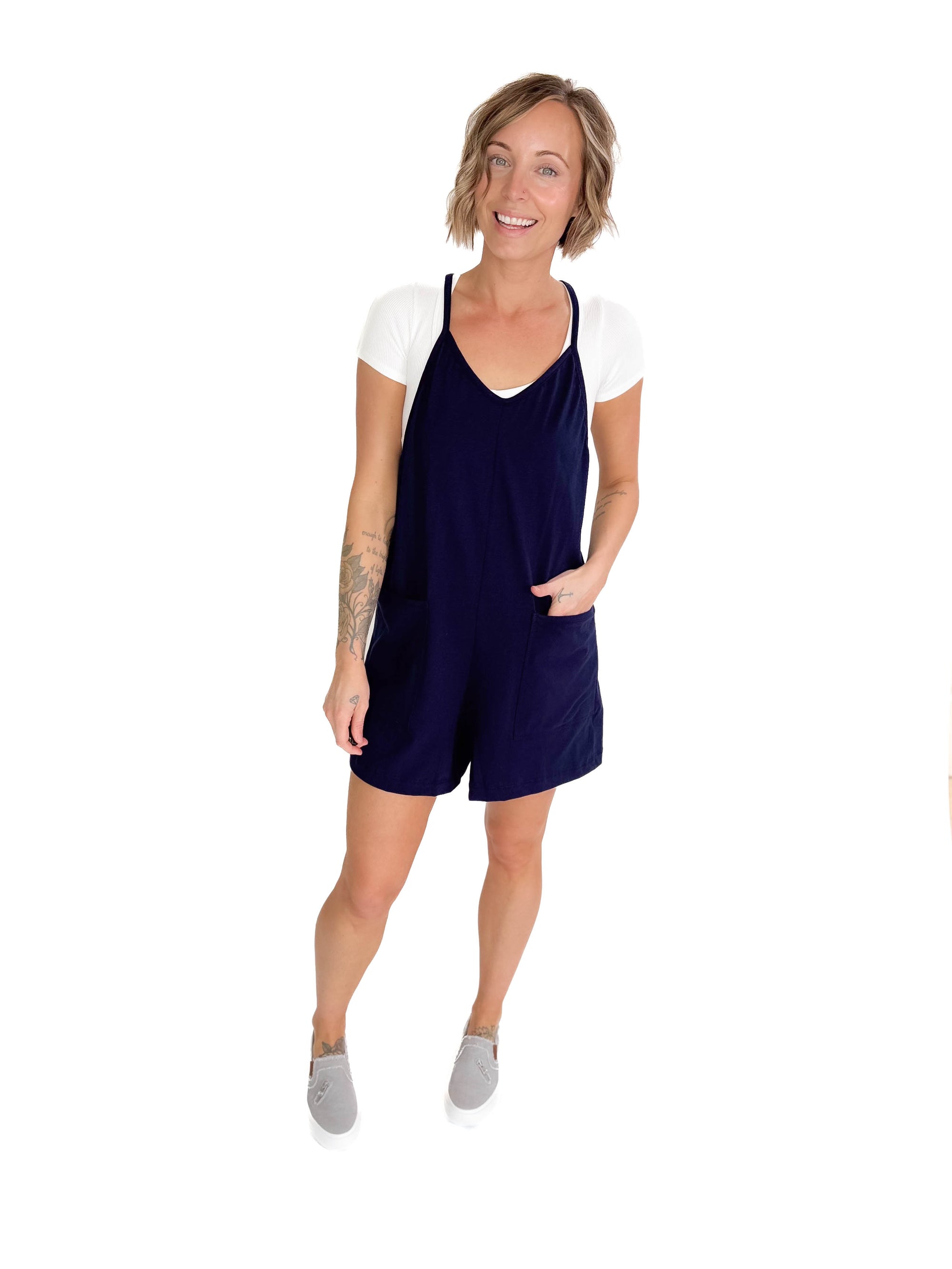 Marlaina Stretch Cotton Romper- NAVY