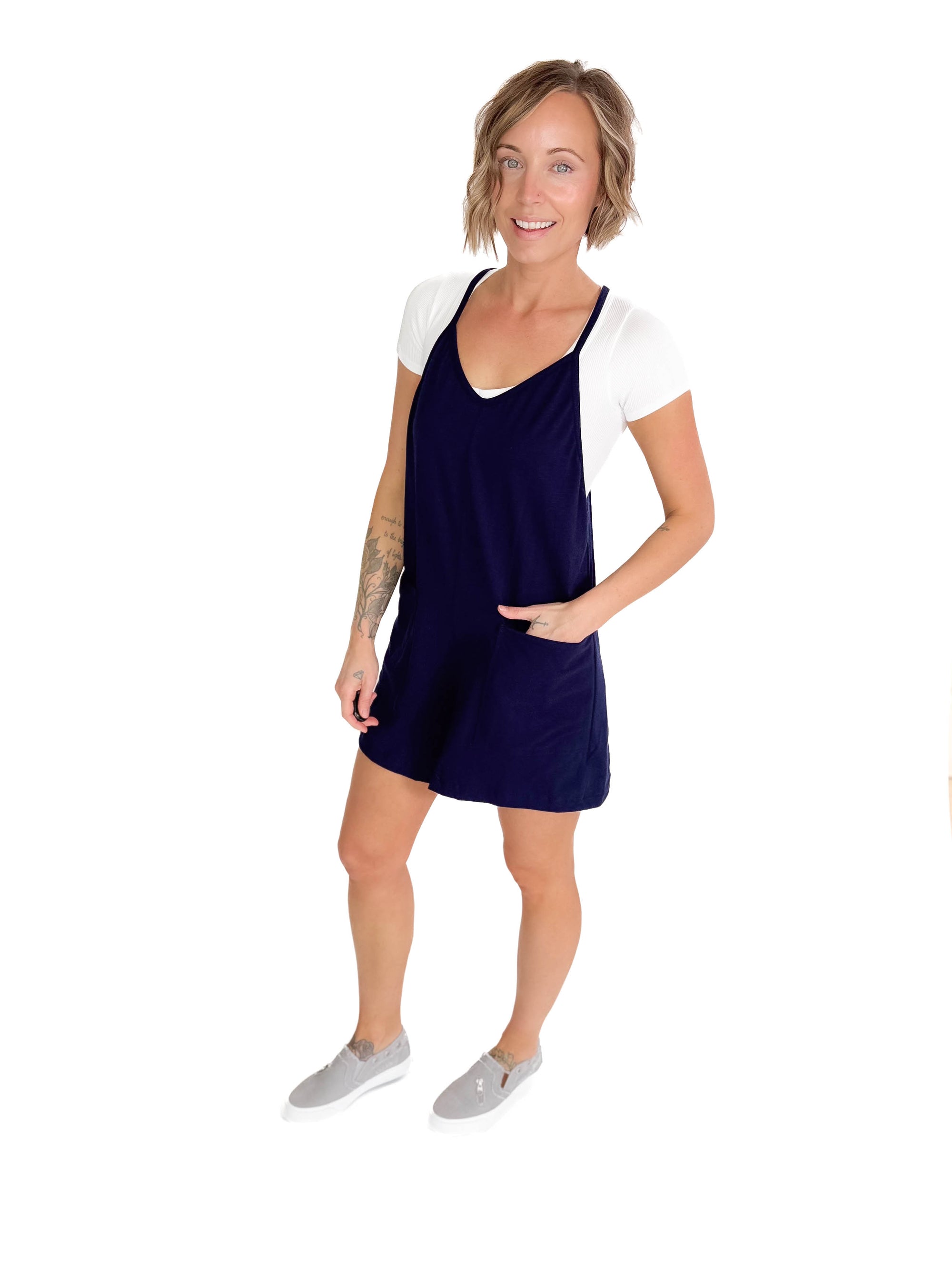 Marlaina Stretch Cotton Romper- NAVY