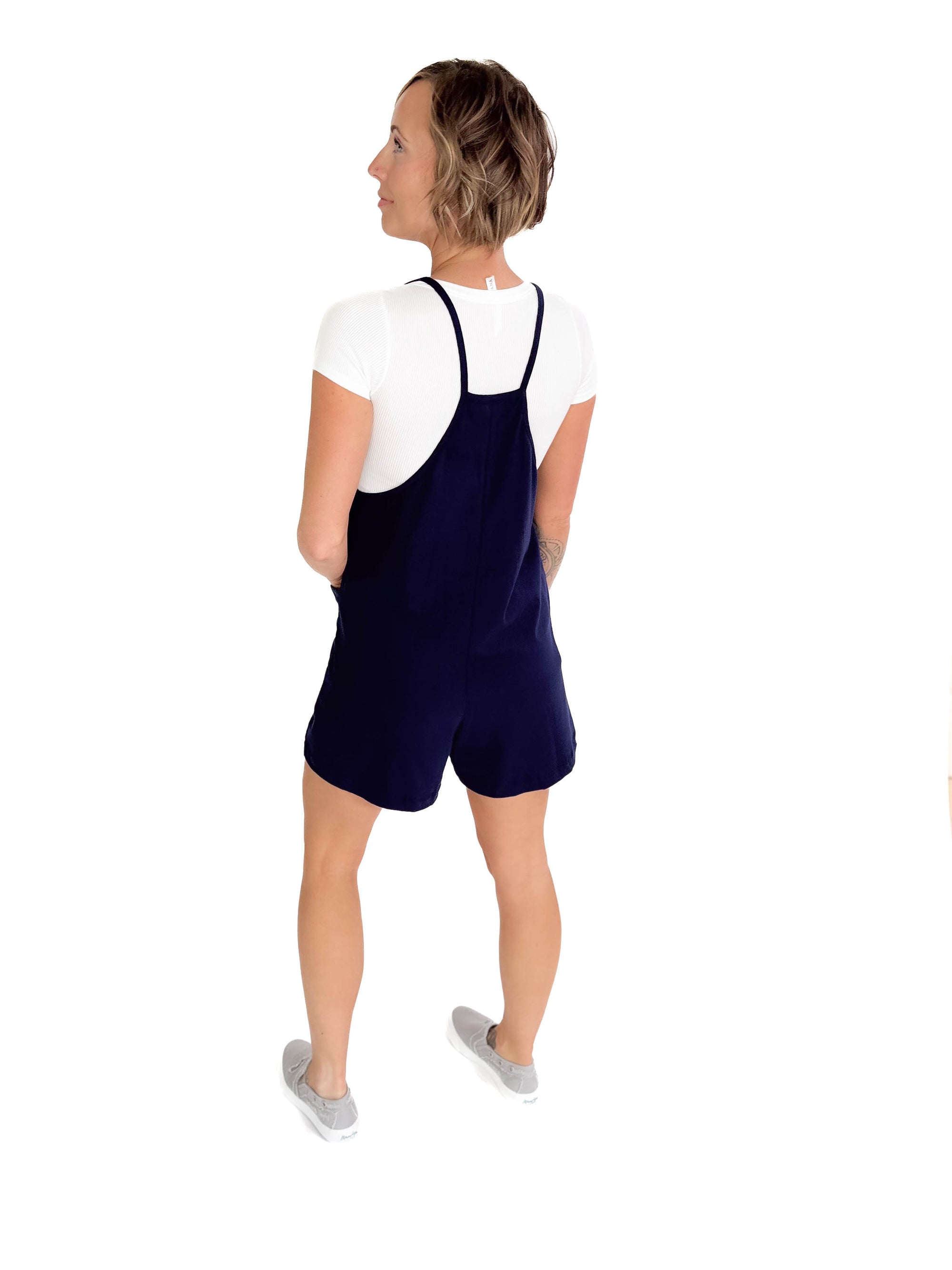 Marlaina Stretch Cotton Romper- NAVY