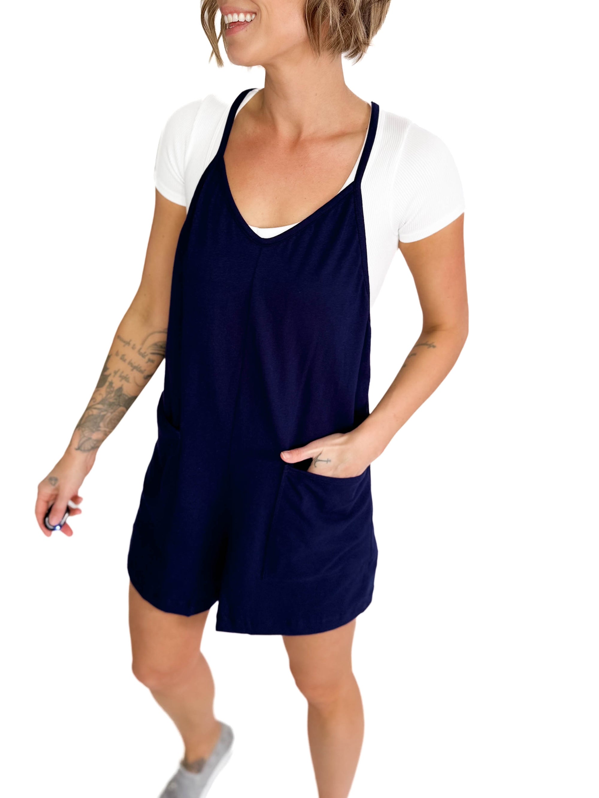 Marlaina Stretch Cotton Romper- NAVY