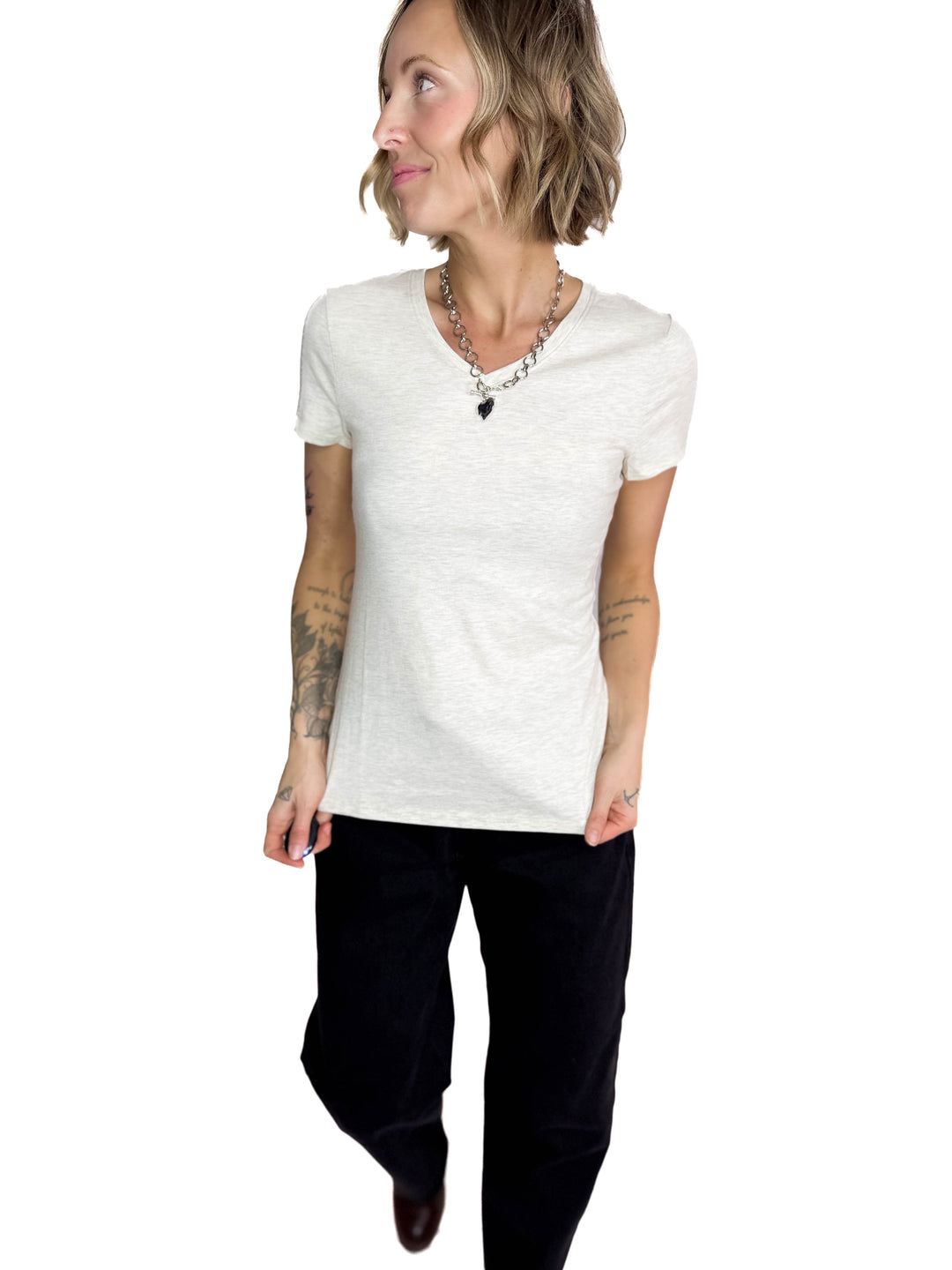 Alder Stretch Cotton V-Neck Tee- OATMEAL