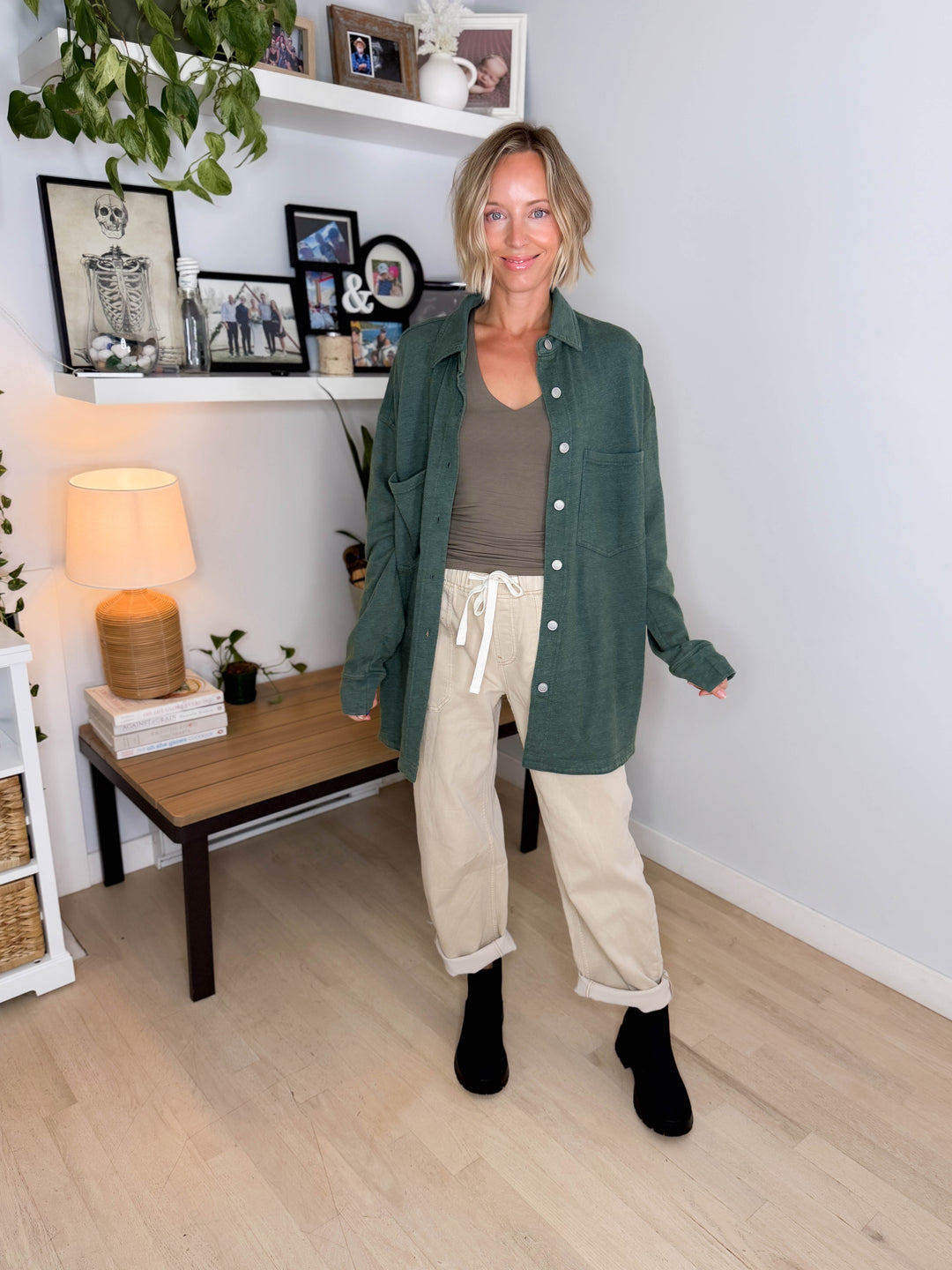 Darla Oversized Washed Soft Button Shacket- PINE GREEN