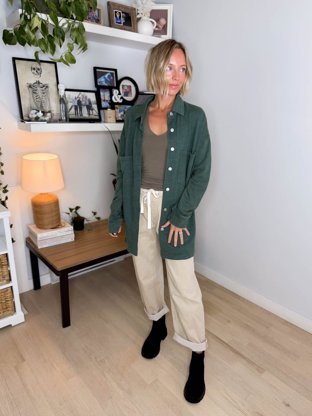 Darla Oversized Washed Soft Button Shacket- PINE GREEN