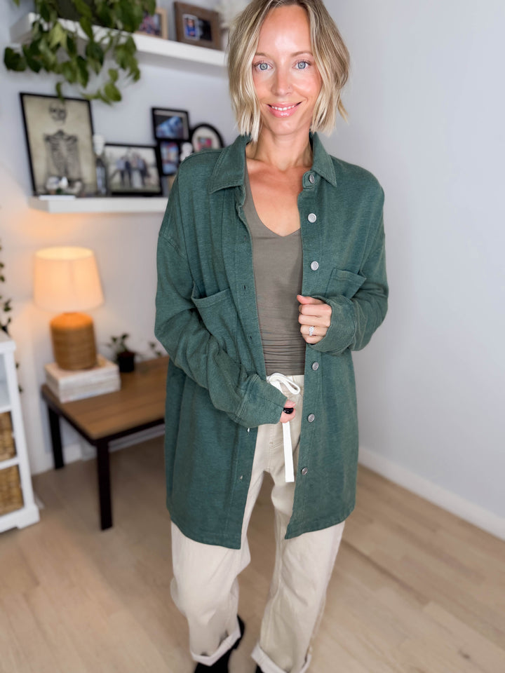 Darla Oversized Washed Soft Button Shacket- PINE GREEN