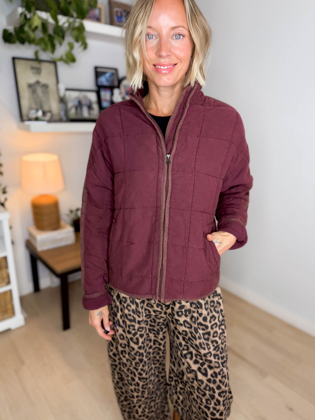 Catherine Soft Quilted Jacket- BURGUNDY BROWN