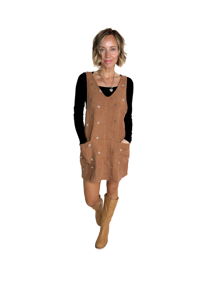 Posies Floral Embroidered Corduroy Jumper Dress- CARAMEL