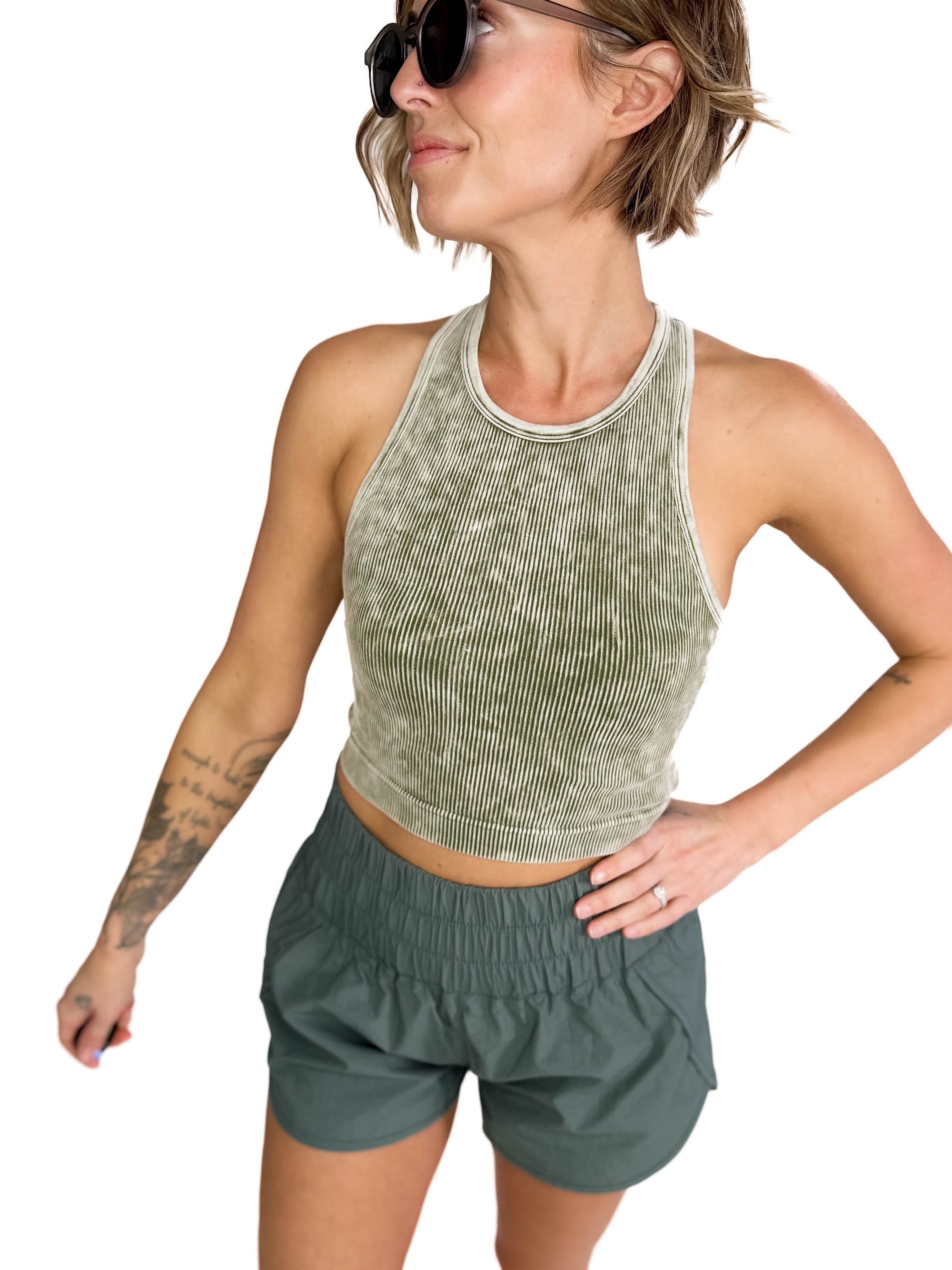 Bossy Seamless Wash Crop Tank- ASH OLIVE