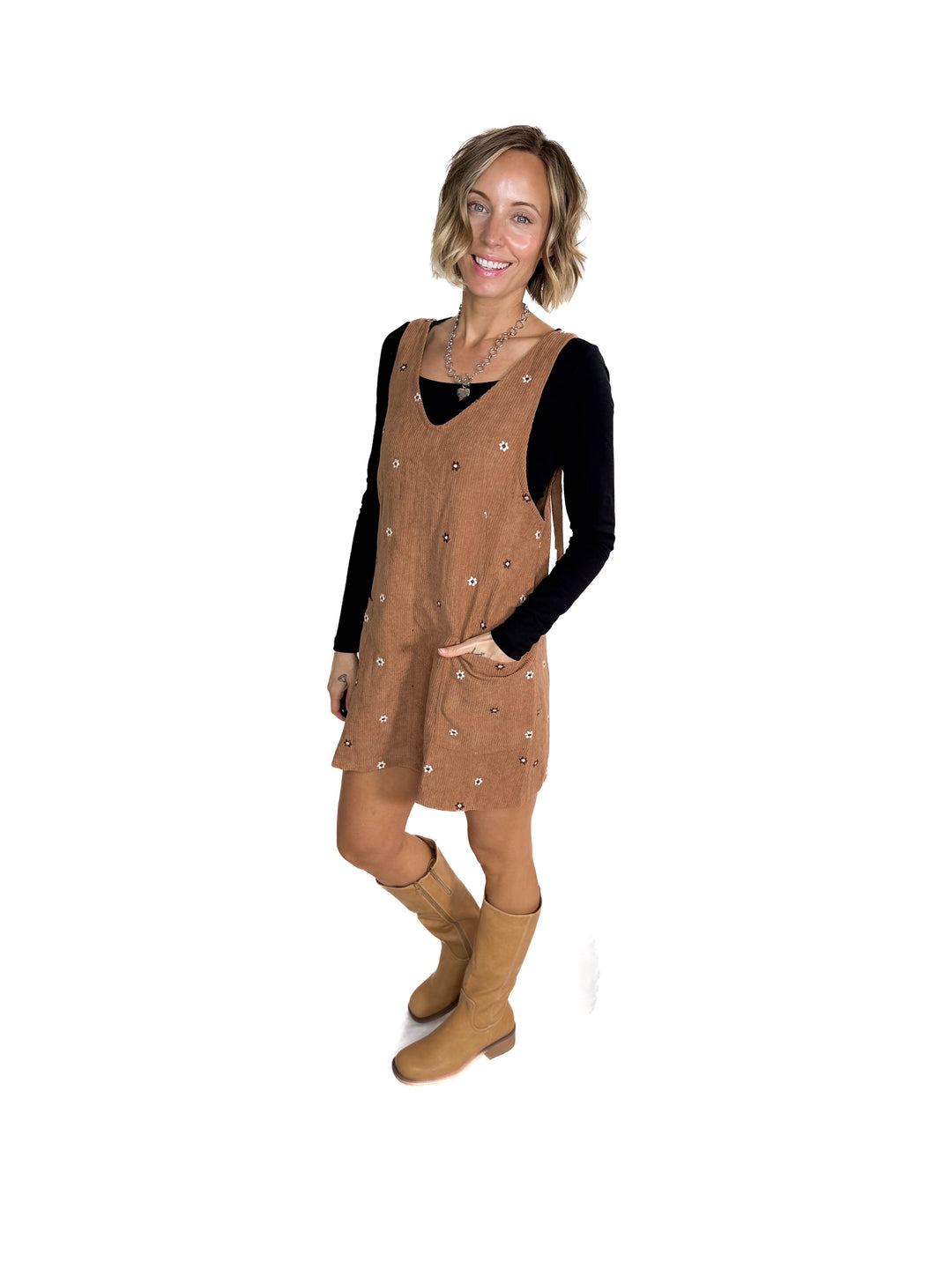Posies Floral Embroidered Corduroy Jumper Dress- CARAMEL