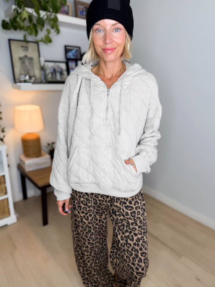 Sheri Quilted Quarter Zip Hoodie- BEIGE TAUPE