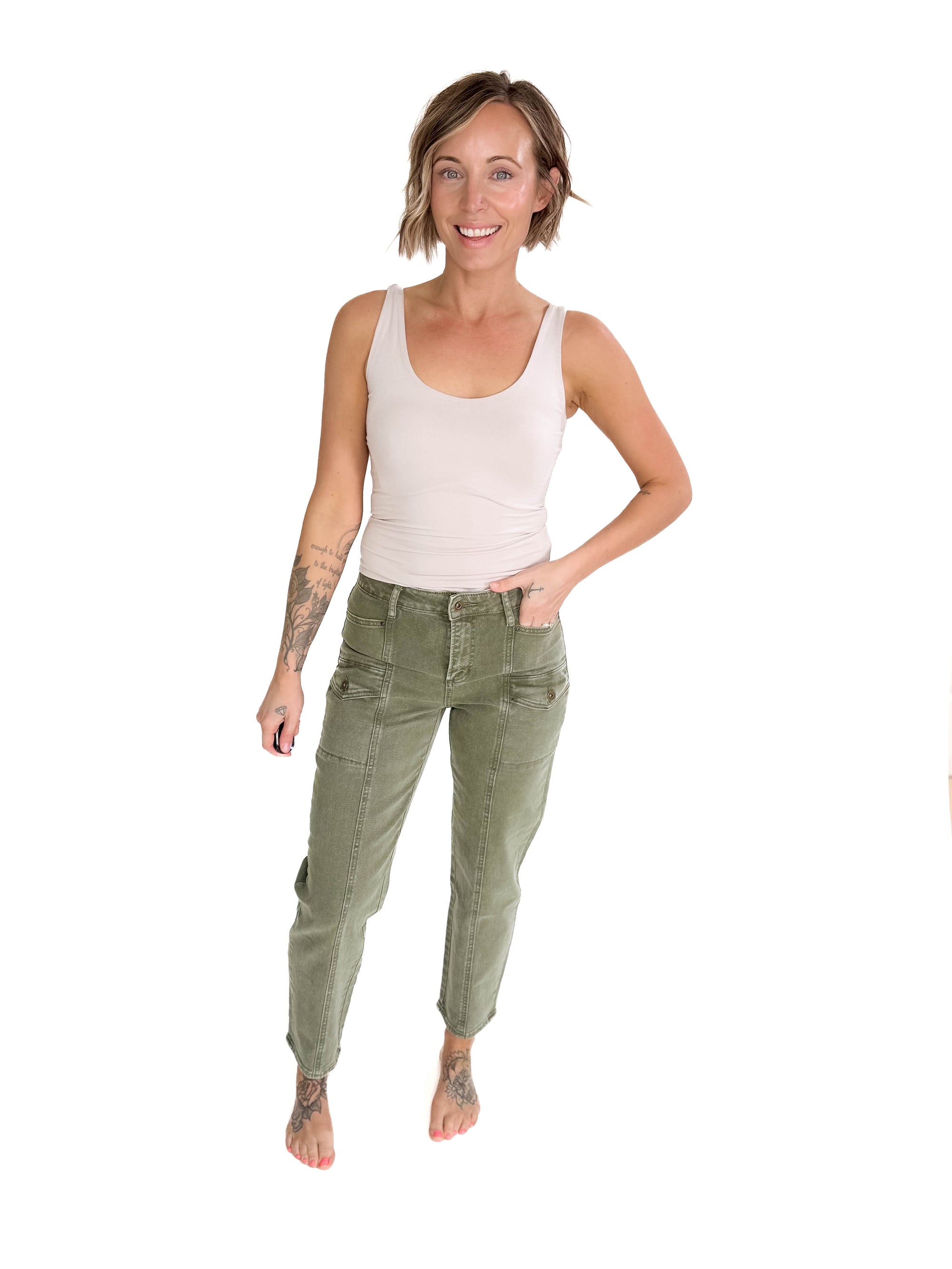 MICA DENIM Delilah High Rise Cargo- WASHED OLIVE