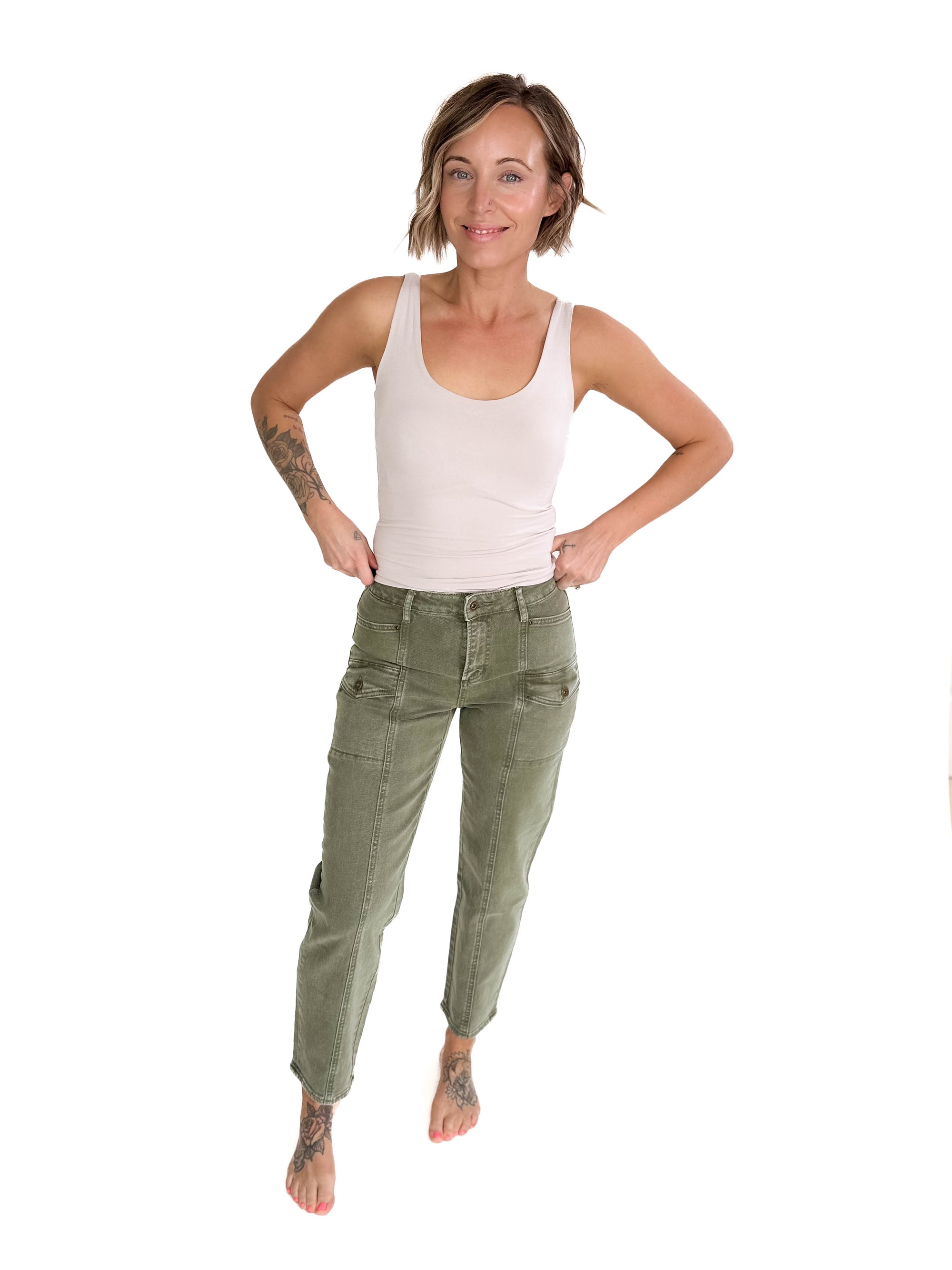 MICA DENIM Delilah High Rise Cargo- WASHED OLIVE