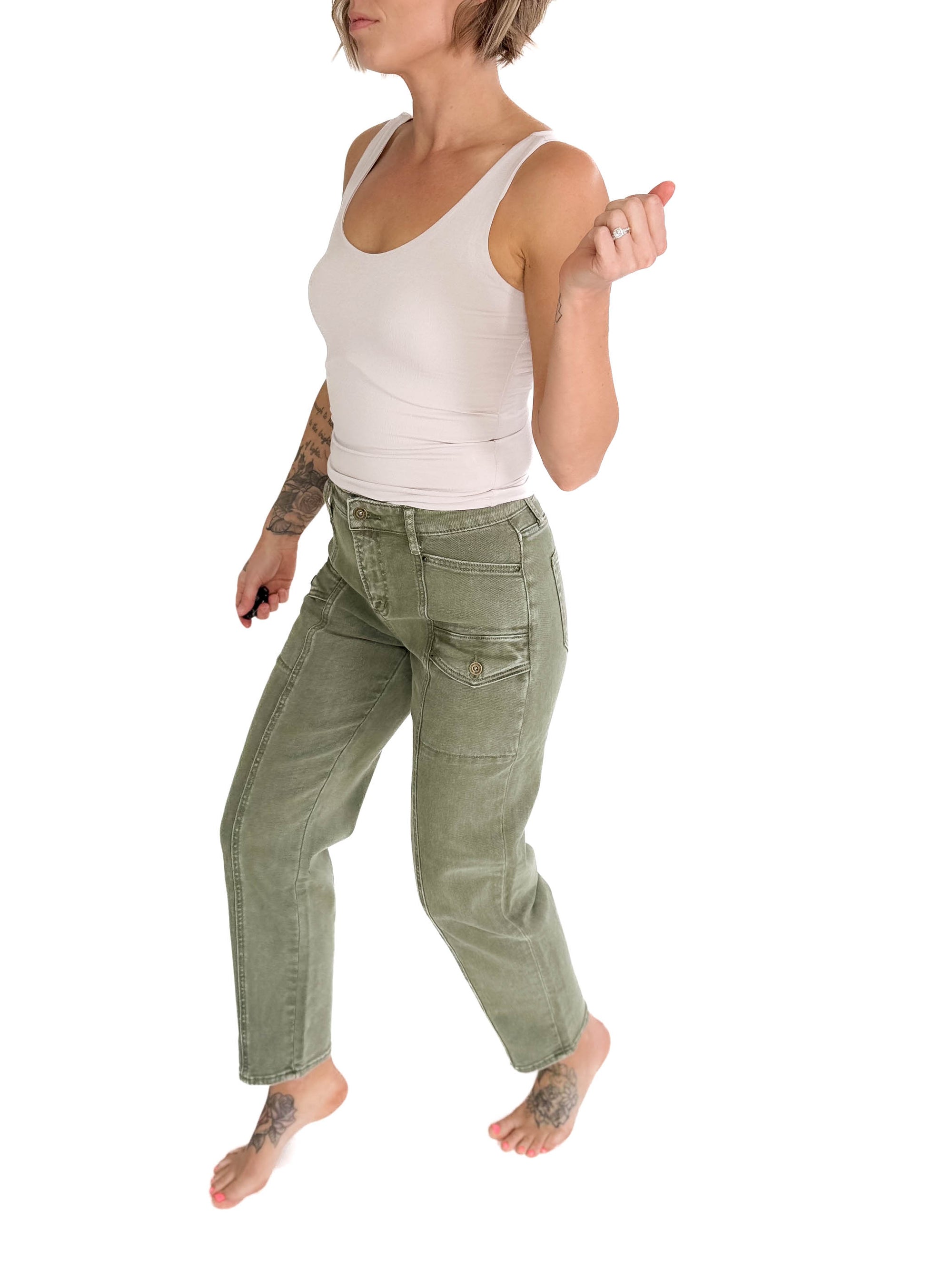 MICA DENIM Delilah High Rise Cargo- WASHED OLIVE