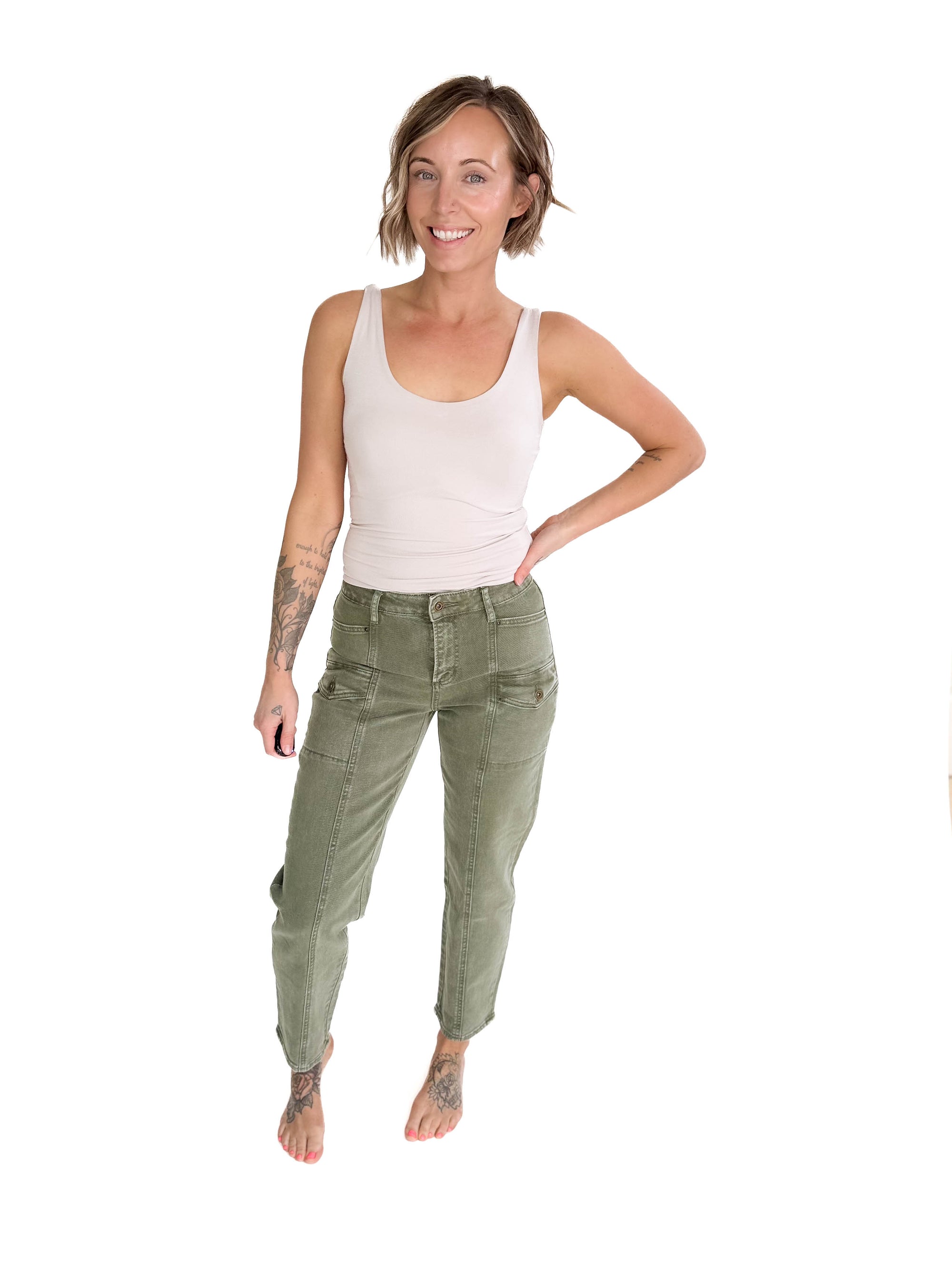 MICA DENIM Delilah High Rise Cargo- WASHED OLIVE
