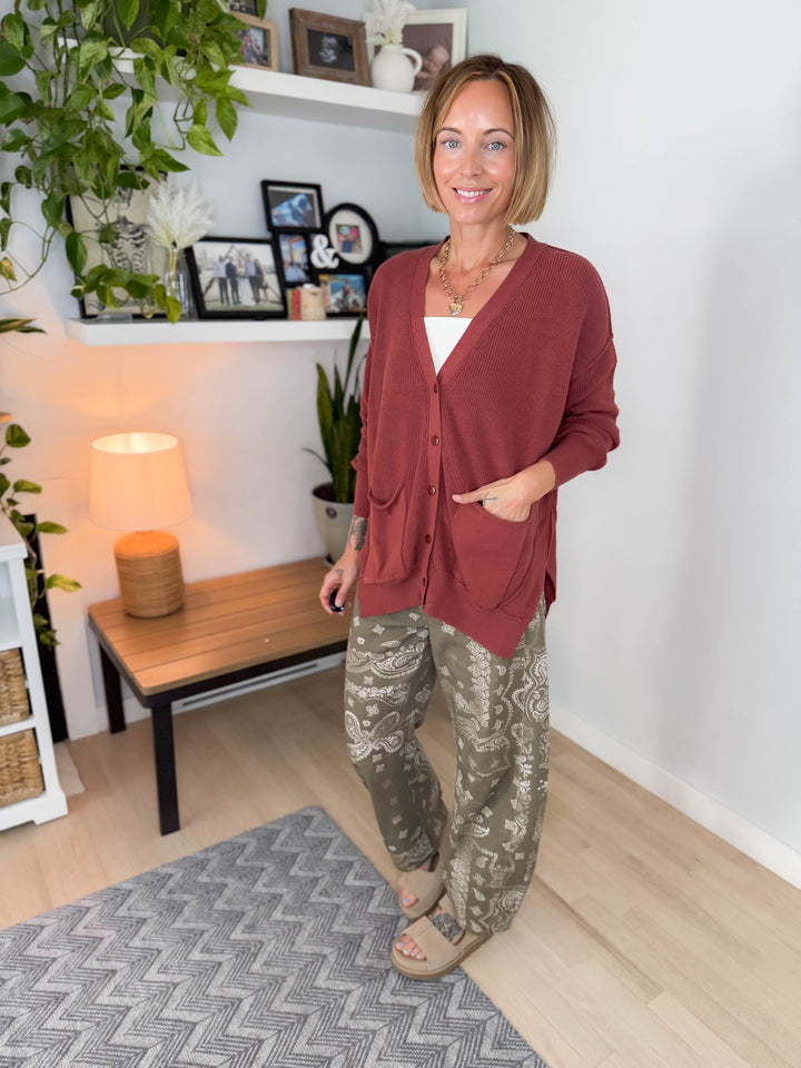 Charm Slouchy Button Cardigan-  REDWOOD