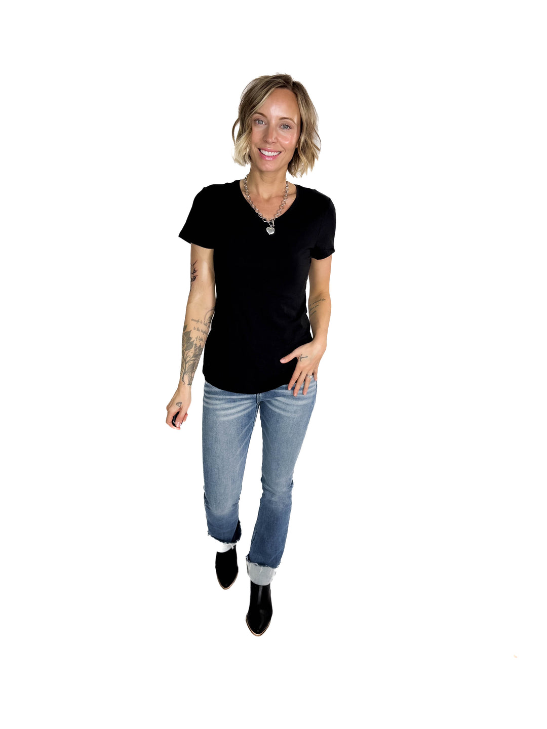 Alder Stretch Cotton V-Neck Tee- BLACK