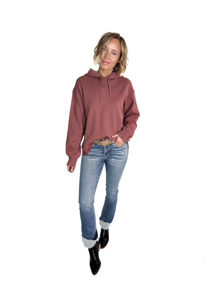 Dahlia Hooded Sweater With Side Slits- RED BEAN