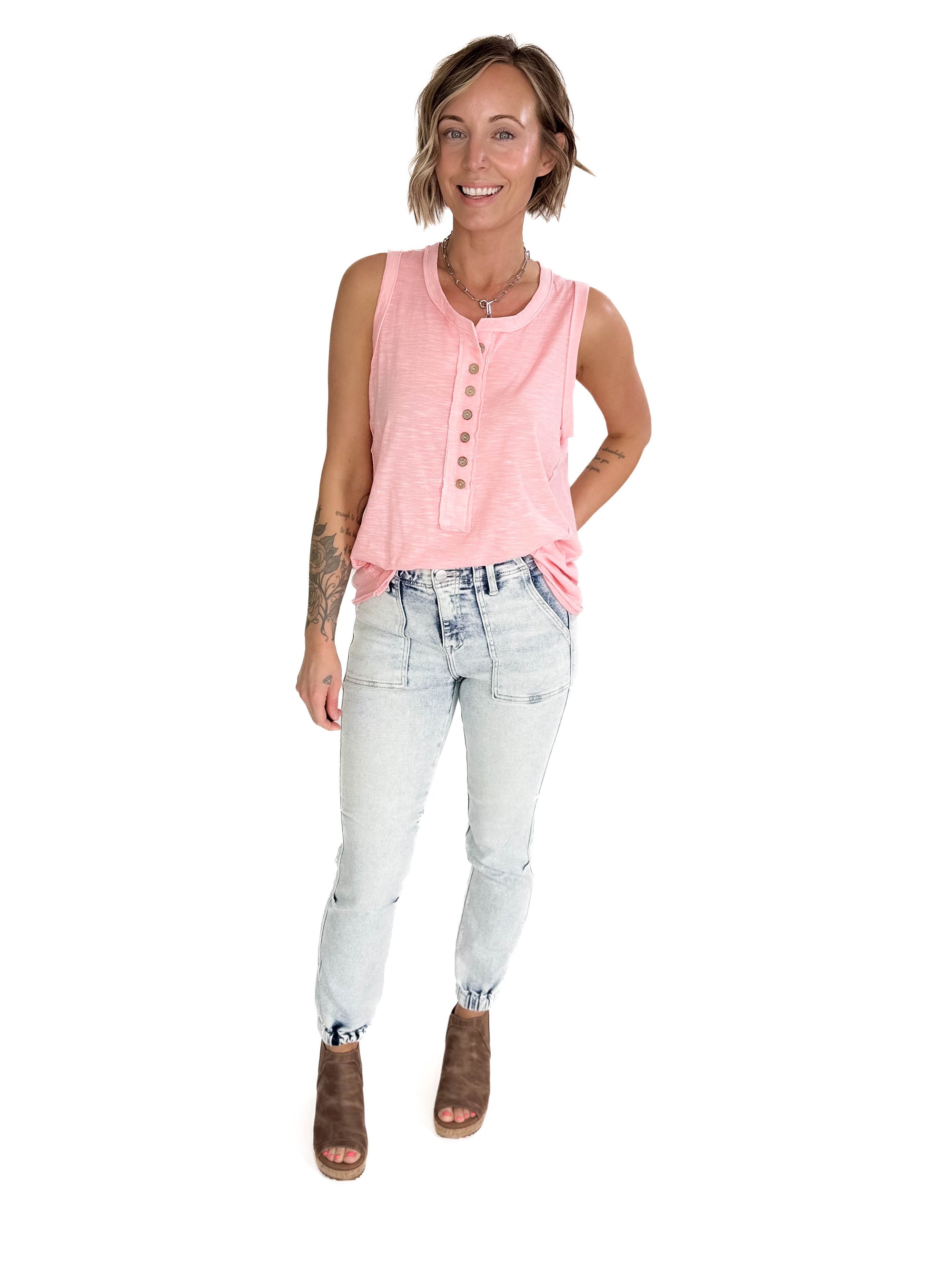 Coraline Slub Henley Sleeveless Button Tank- PINK GRAPEFRUIT