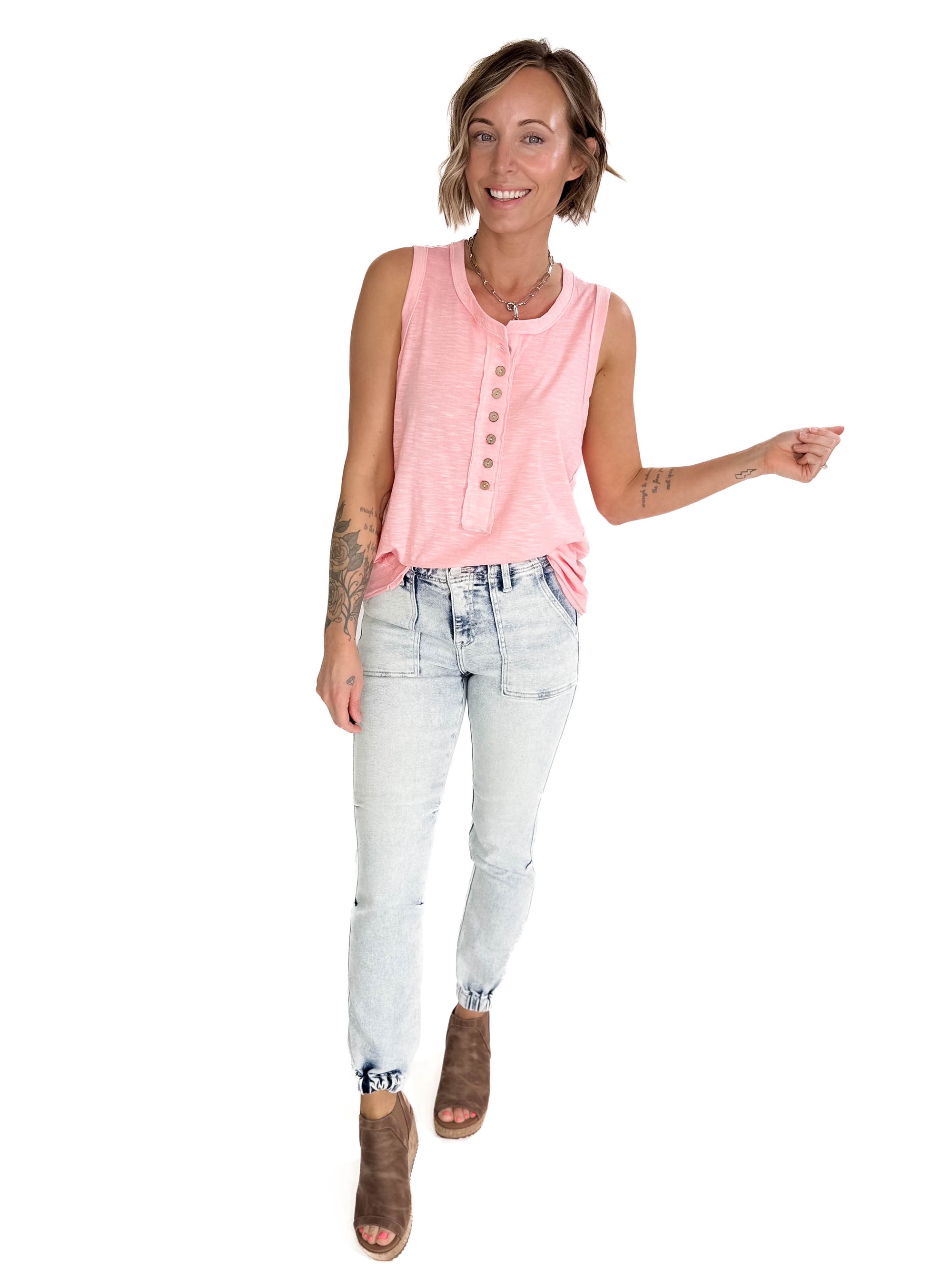Coraline Slub Henley Sleeveless Button Tank- PINK GRAPEFRUIT
