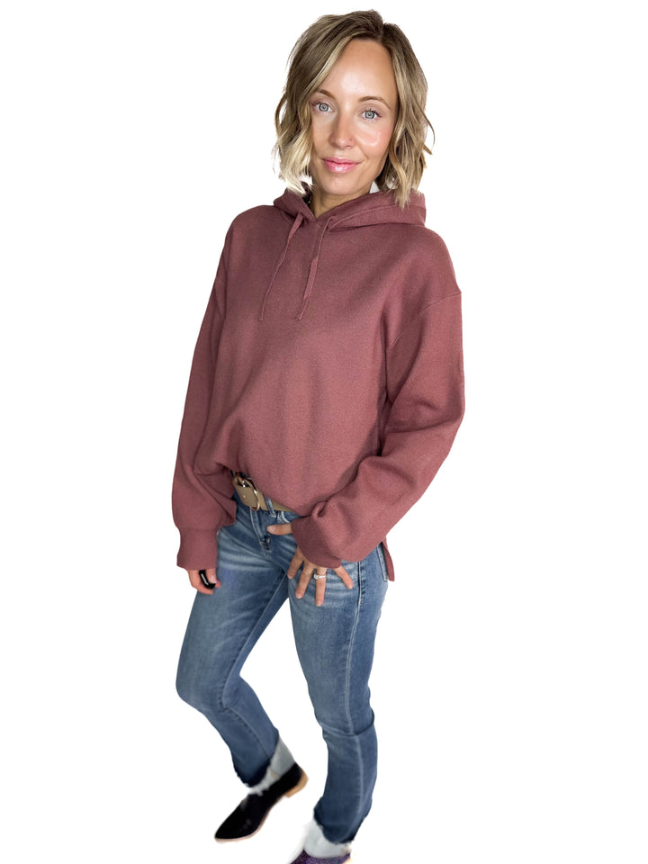 Dahlia Hooded Sweater With Side Slits- RED BEAN