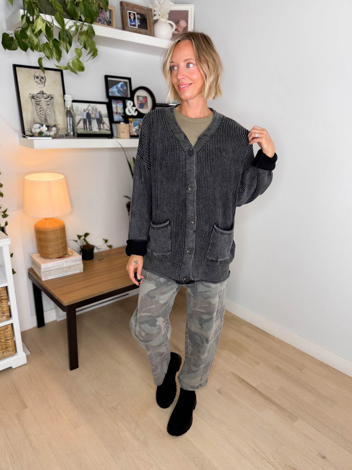 Darcy Washed Cotton Cardigan- BLACK