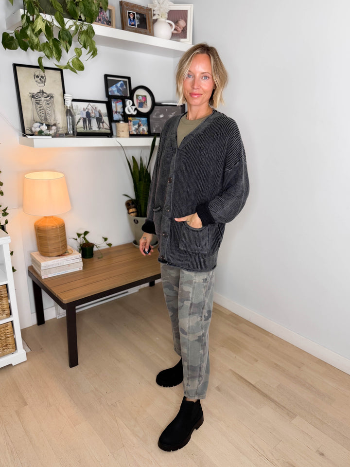 Darcy Washed Cotton Cardigan- BLACK