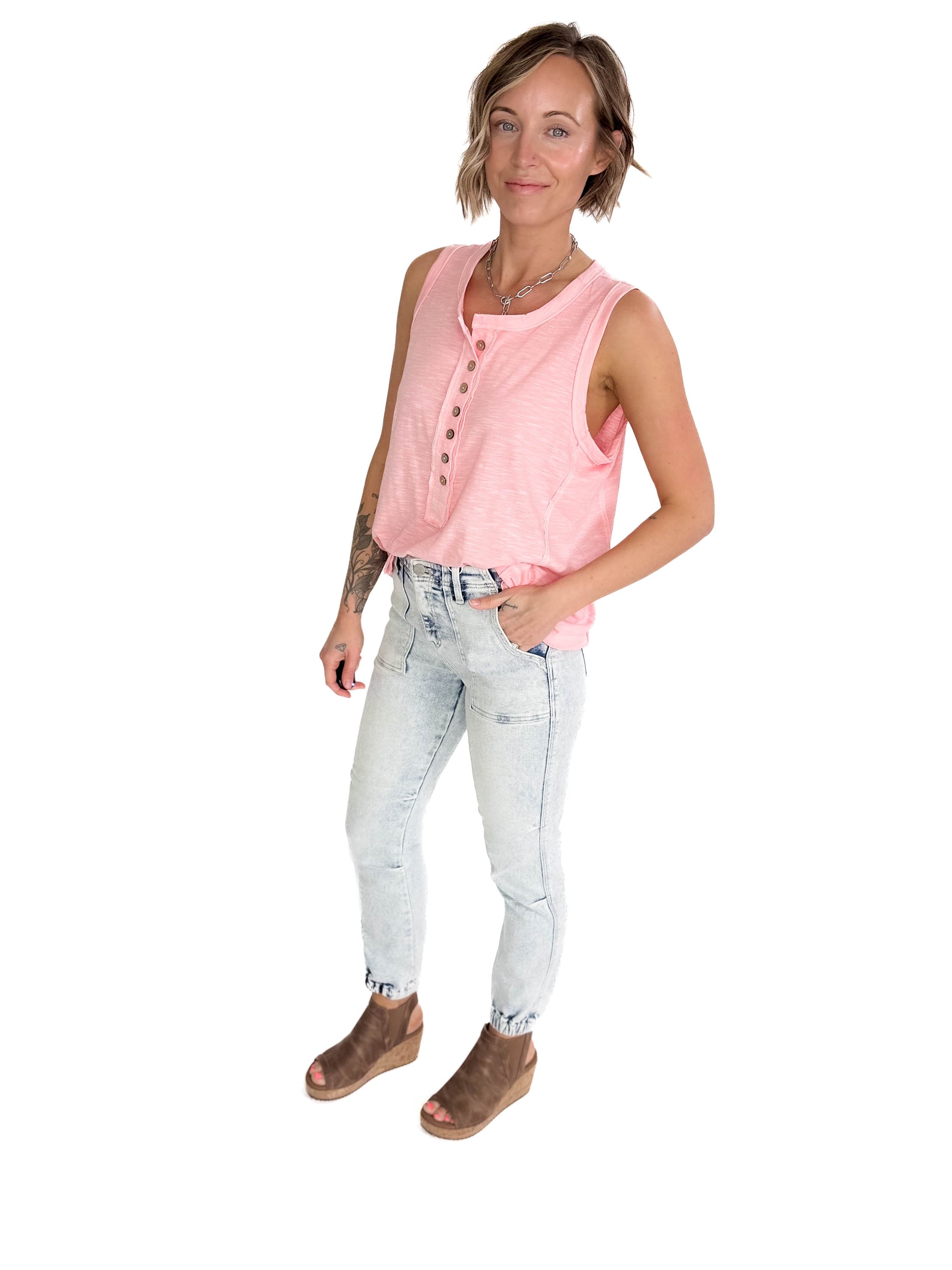 Coraline Slub Henley Sleeveless Button Tank- PINK GRAPEFRUIT