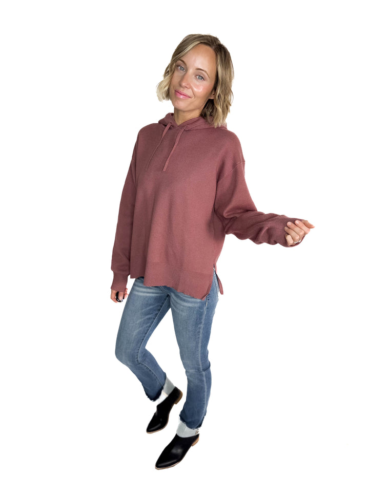 Dahlia Hooded Sweater With Side Slits- RED BEAN