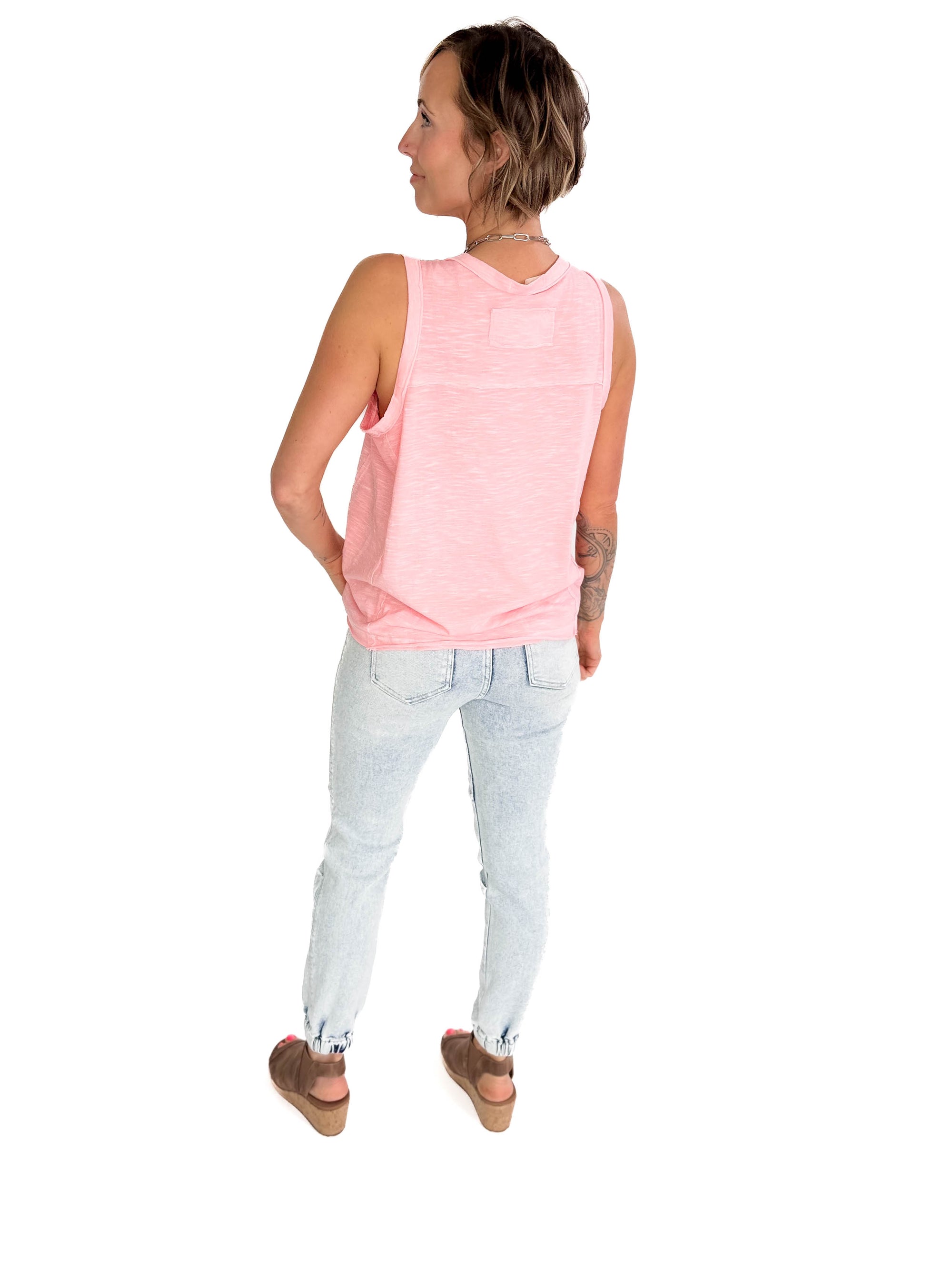 Coraline Slub Henley Sleeveless Button Tank- PINK GRAPEFRUIT