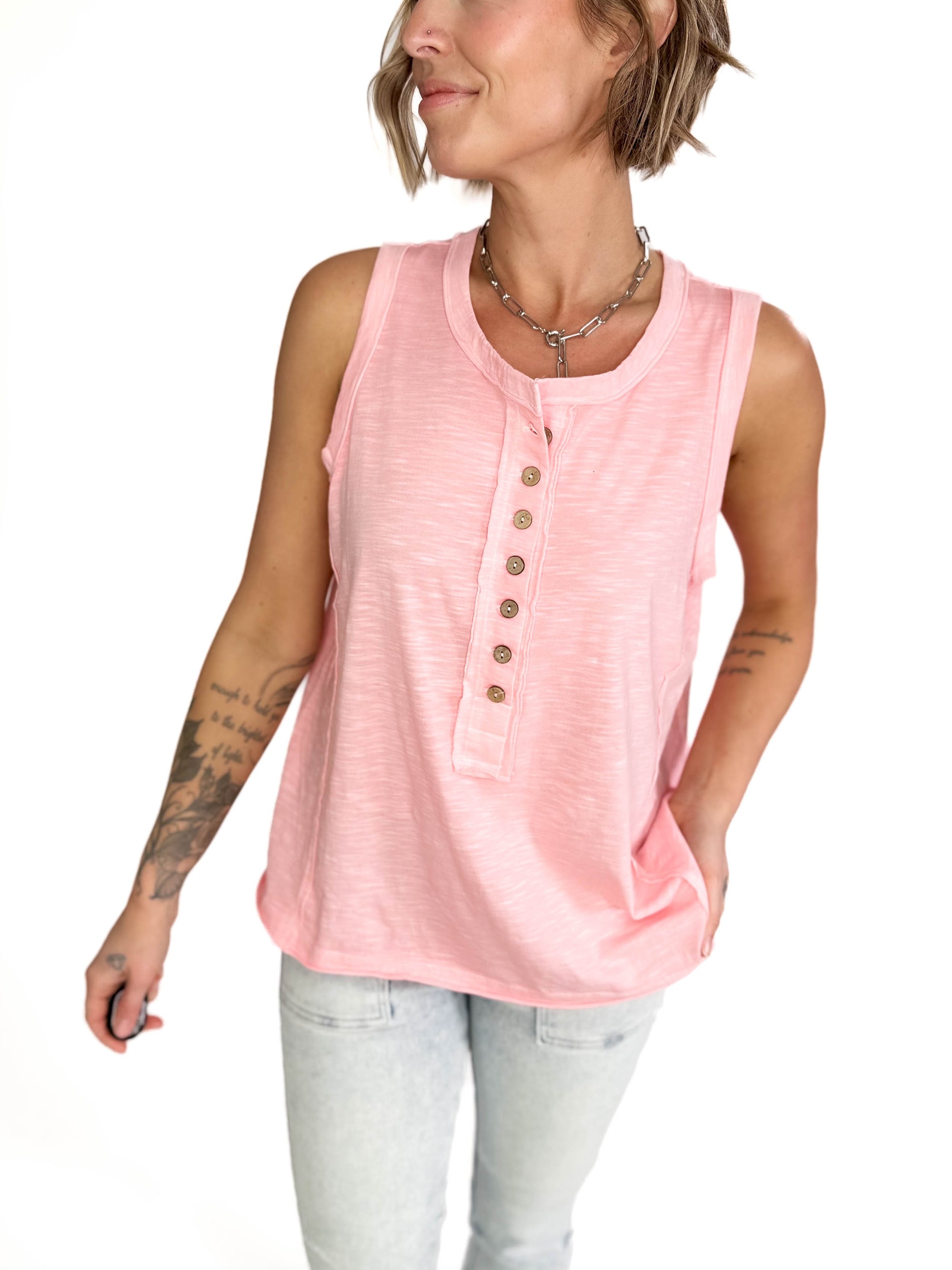 Coraline Slub Henley Sleeveless Button Tank- PINK GRAPEFRUIT
