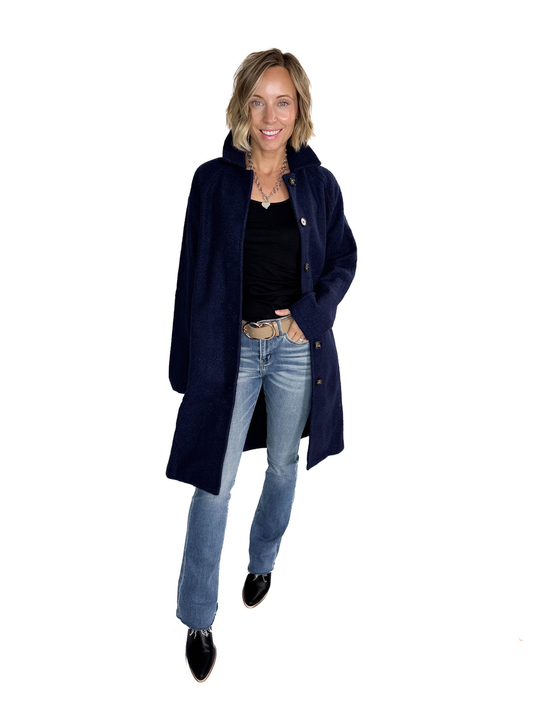 Frosty Boucle Long Button Coat- NAVY