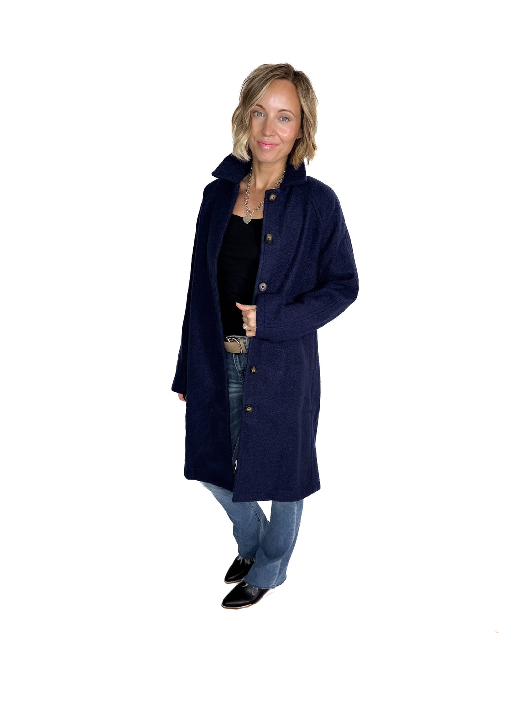 Frosty Boucle Long Button Coat- NAVY