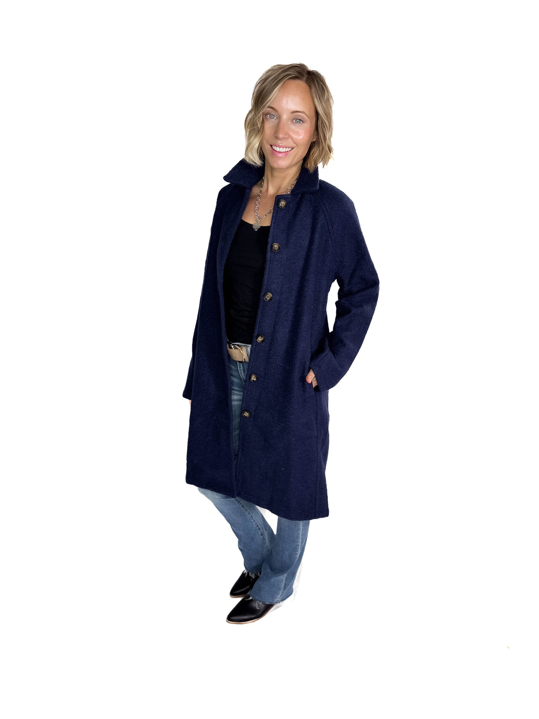 Frosty Boucle Long Button Coat- NAVY