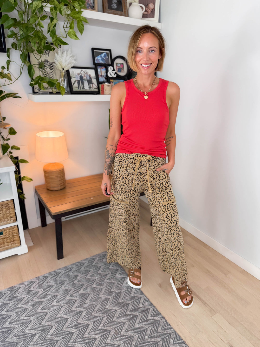 Ellie Cheetah Cotton Wide Leg Pant- CAMEL