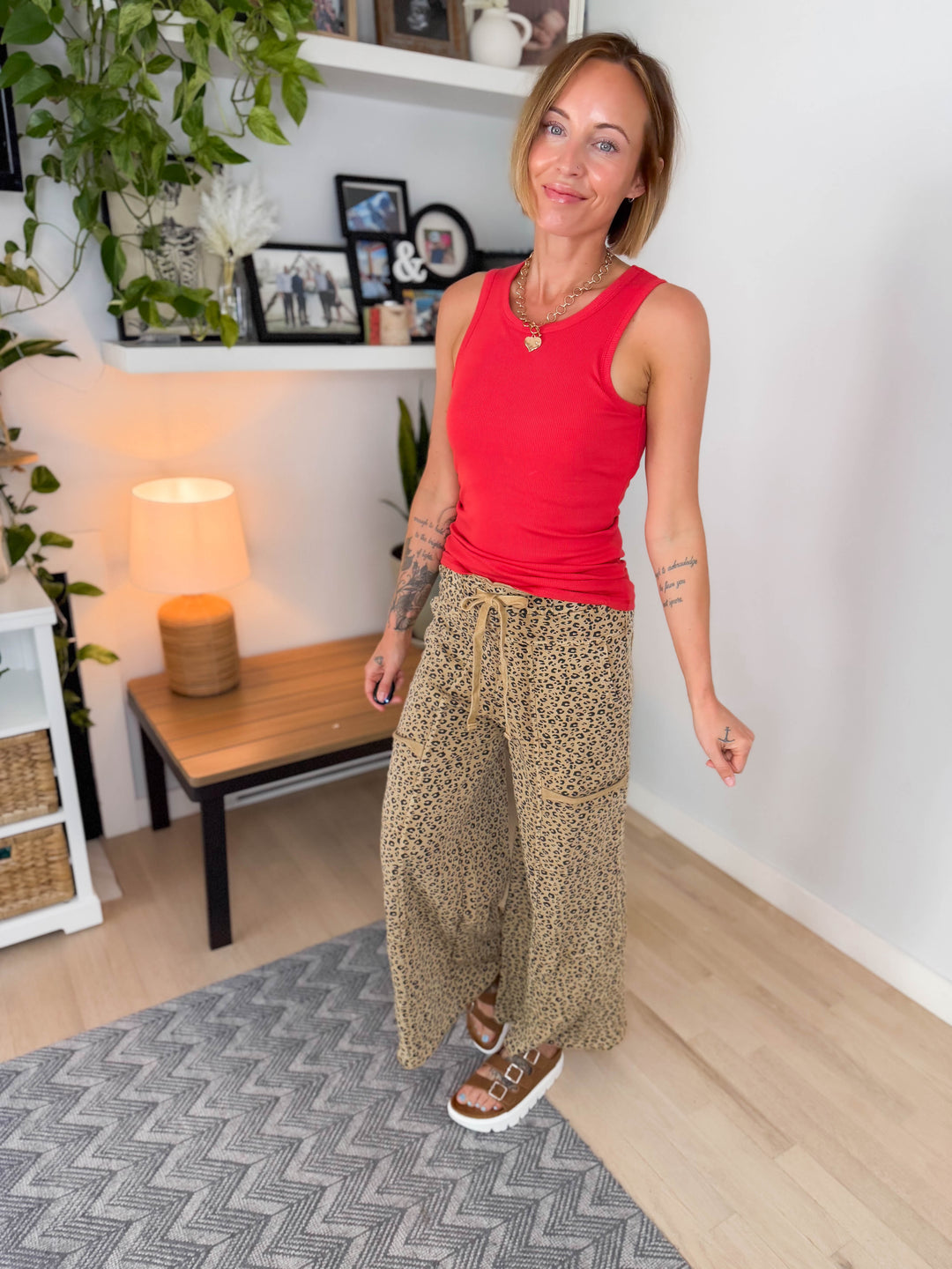 Ellie Cheetah Cotton Wide Leg Pant- CAMEL
