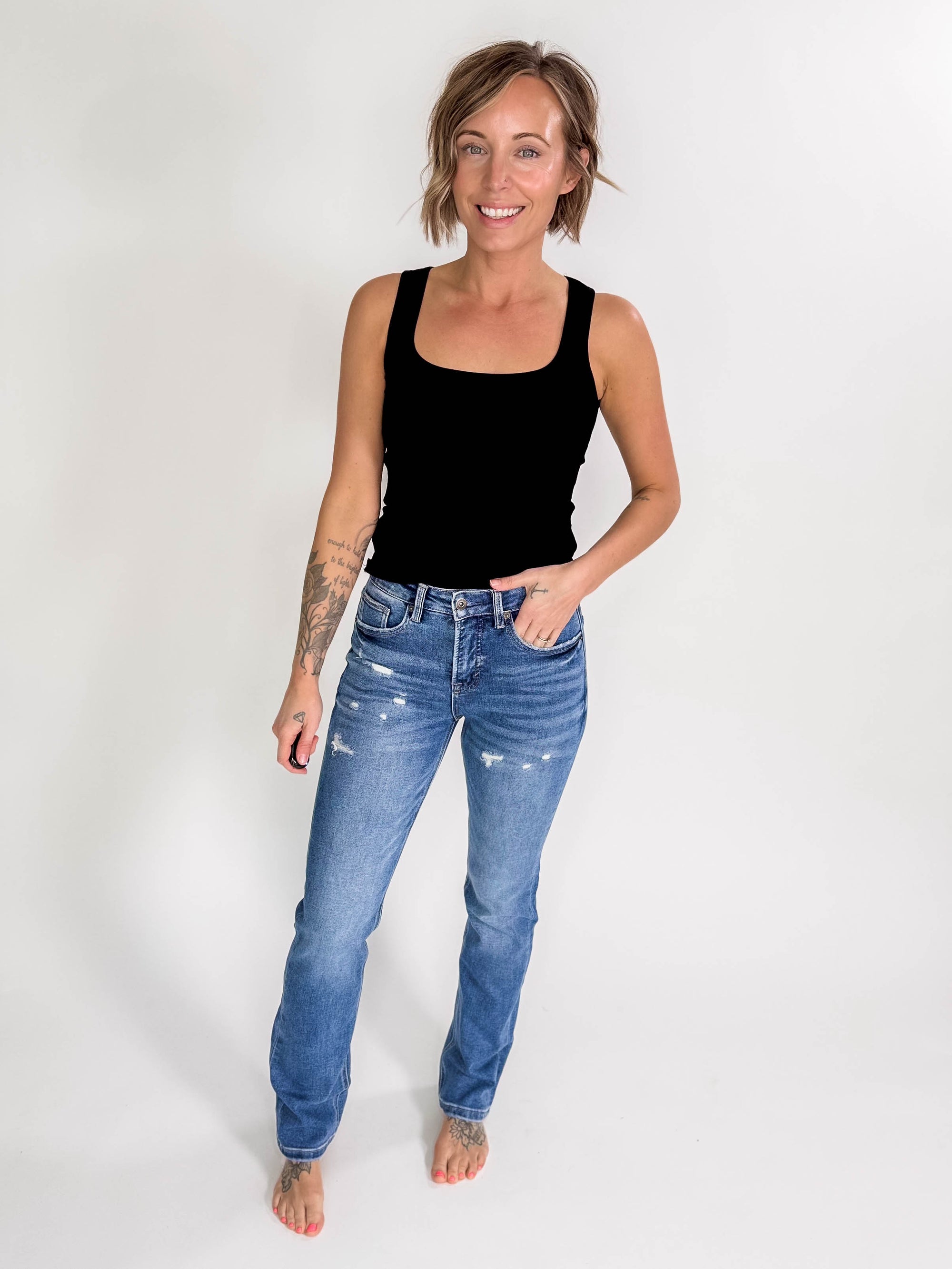 MONO B Karen Square Neck Ribbed Tank- BLACK
