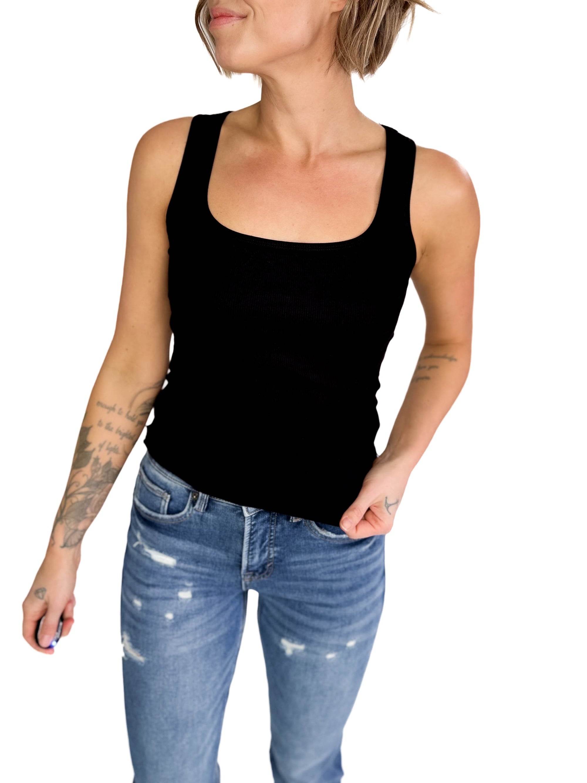 MONO B Karen Square Neck Ribbed Tank- BLACK