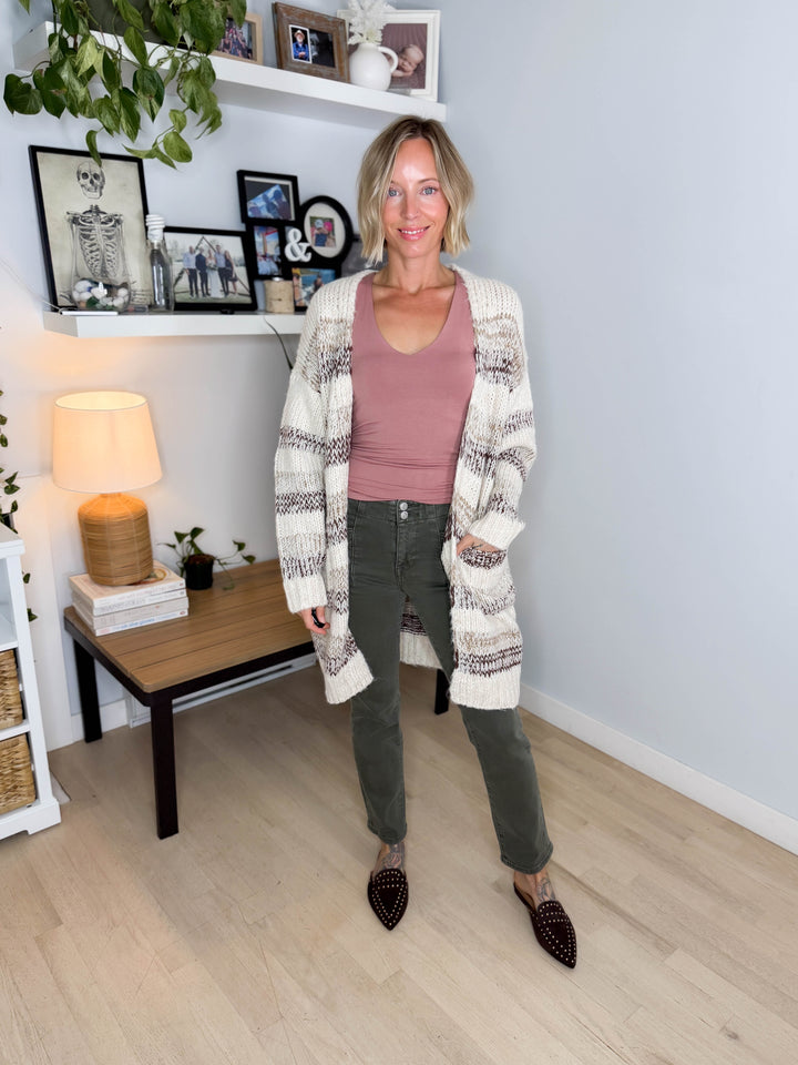 Isley Long Sleeve Striped Cardigan- OATMEAL/BROWN