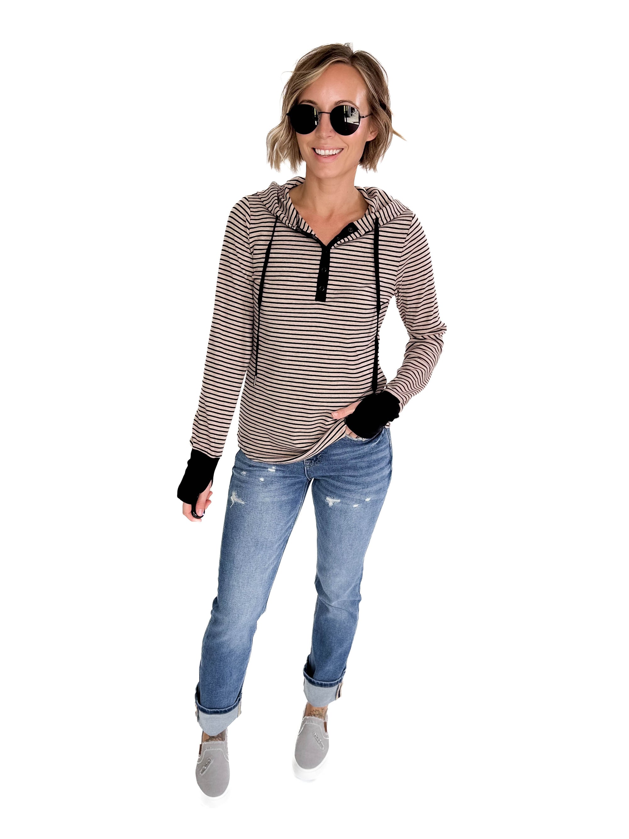 Juniper Henley Ribbed Hooded Top- MOCHA
