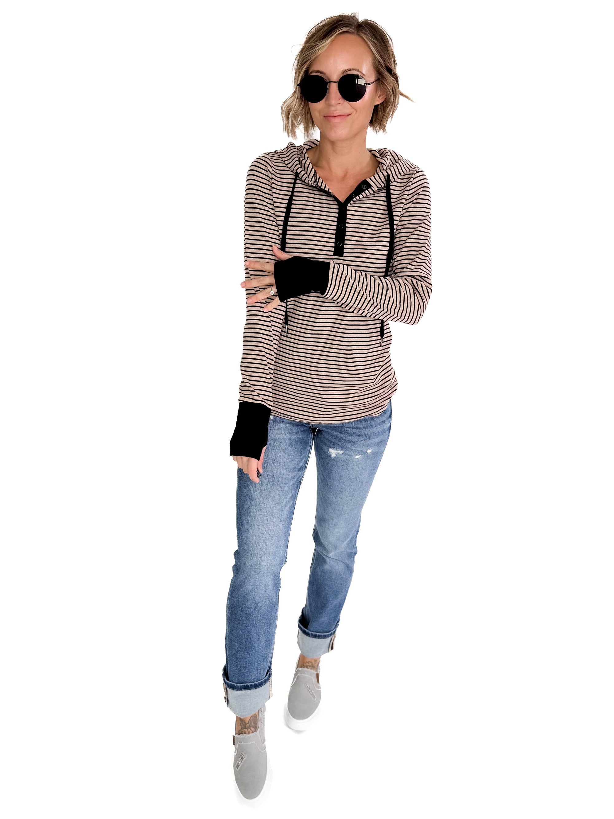 Juniper Henley Ribbed Hooded Top- MOCHA