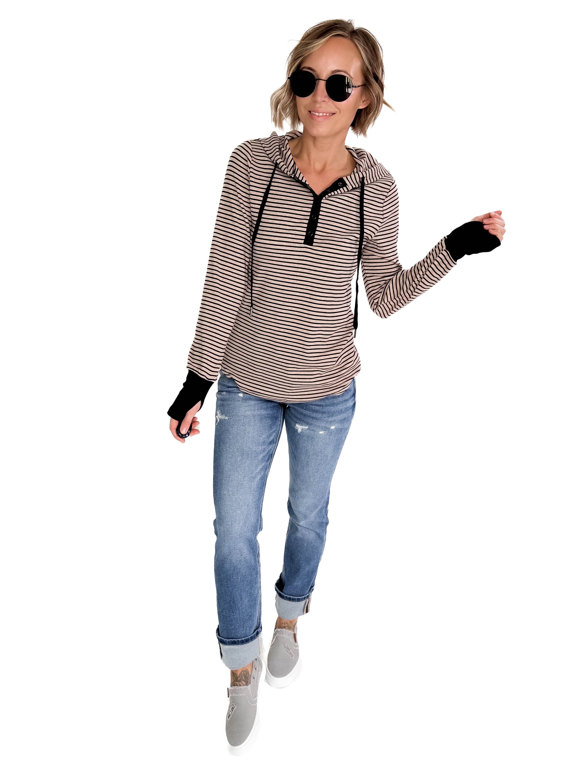 Juniper Henley Ribbed Hooded Top- MOCHA