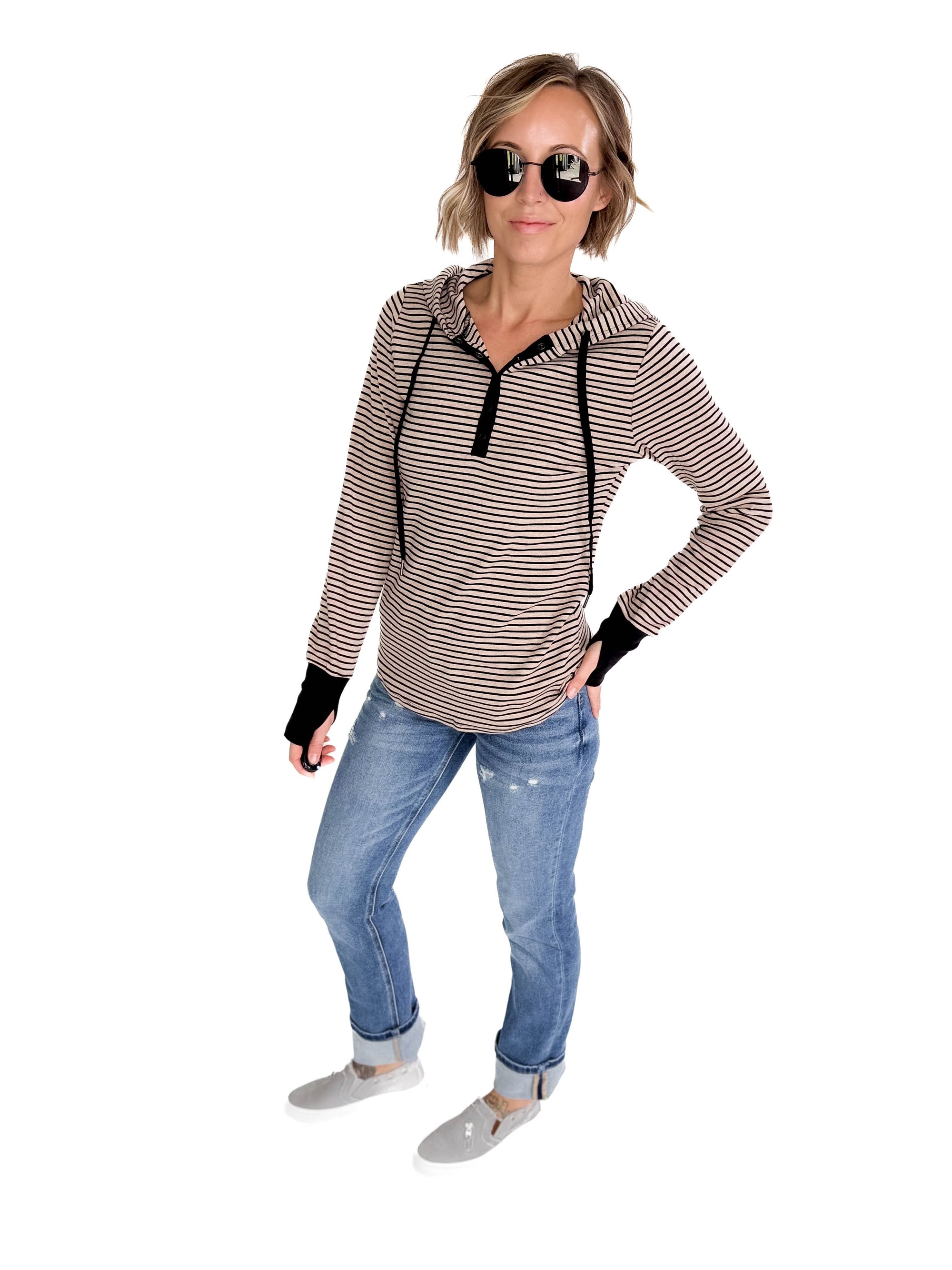 Juniper Henley Ribbed Hooded Top- MOCHA