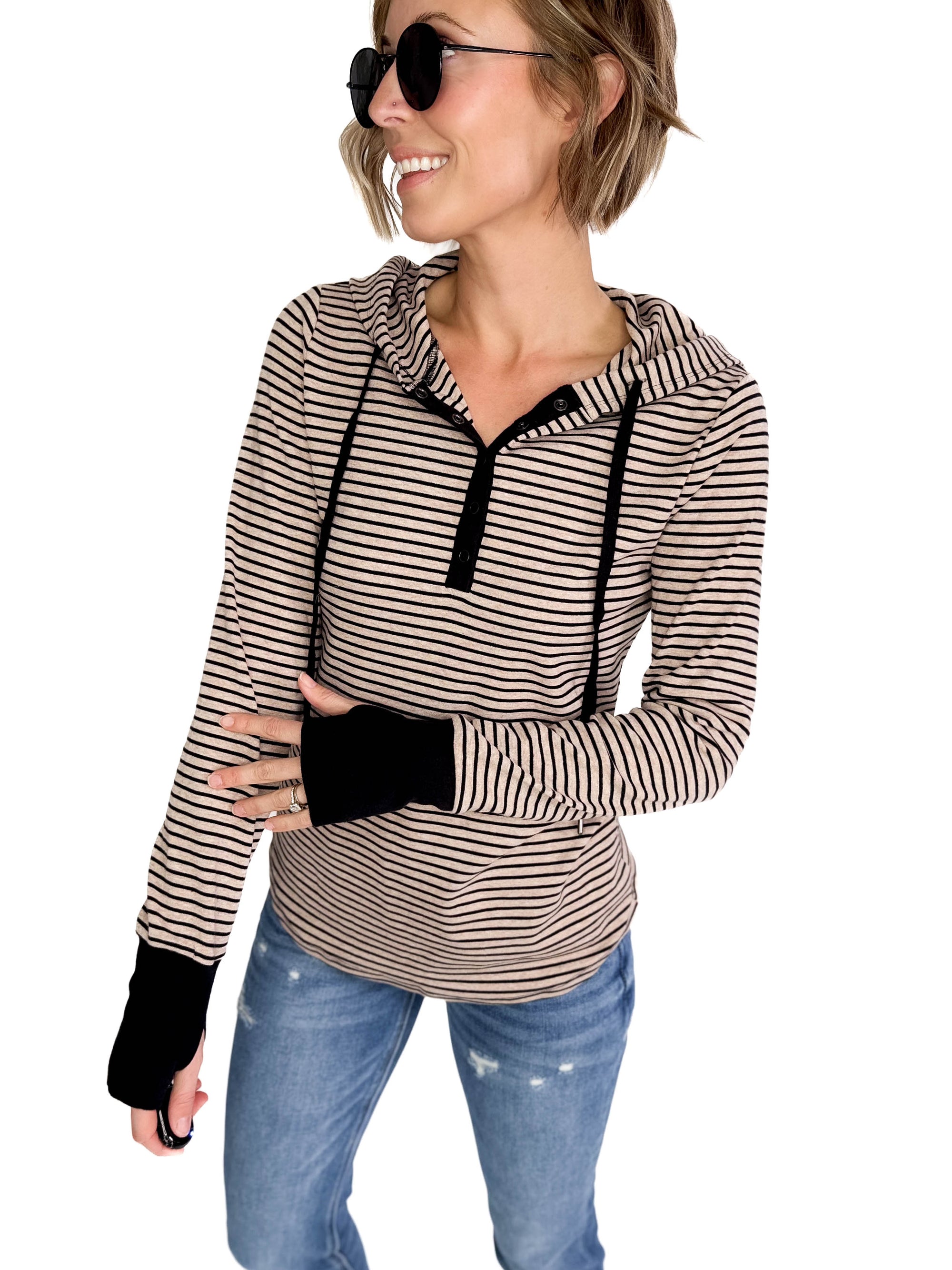 Juniper Henley Ribbed Hooded Top- MOCHA