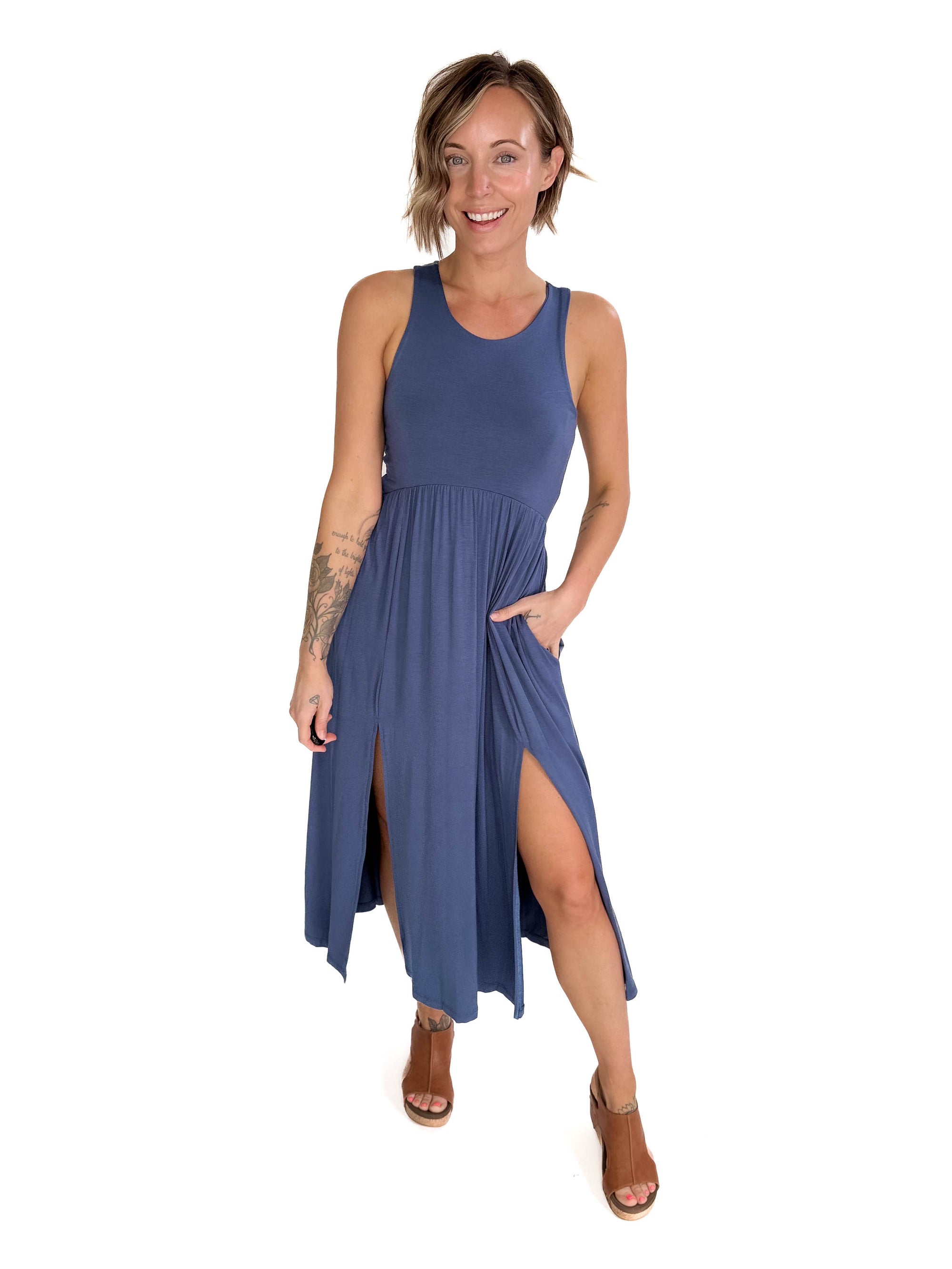 Beverly Side Slit Midi Dress- MODERN NAVY