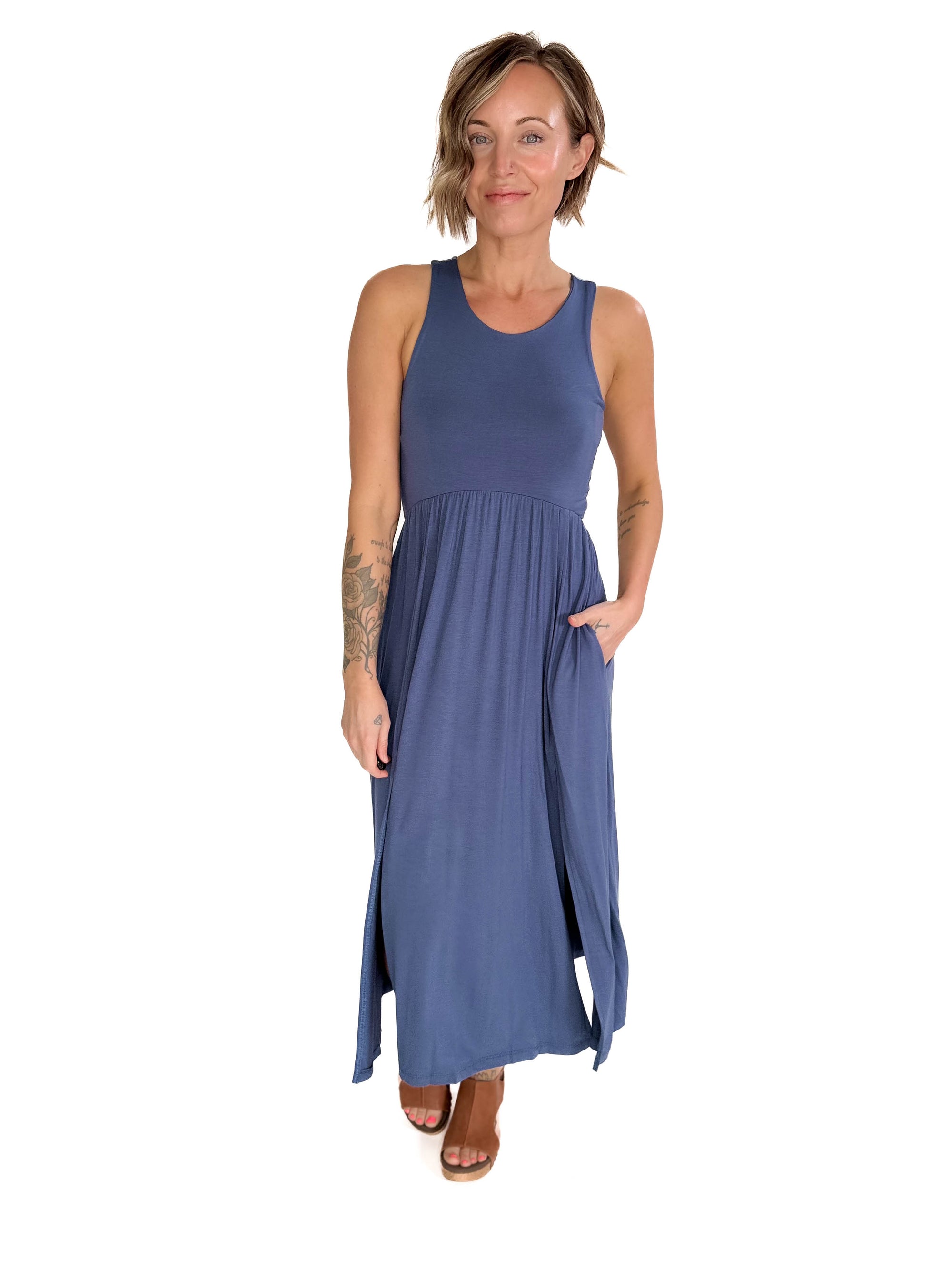 Beverly Side Slit Midi Dress- MODERN NAVY
