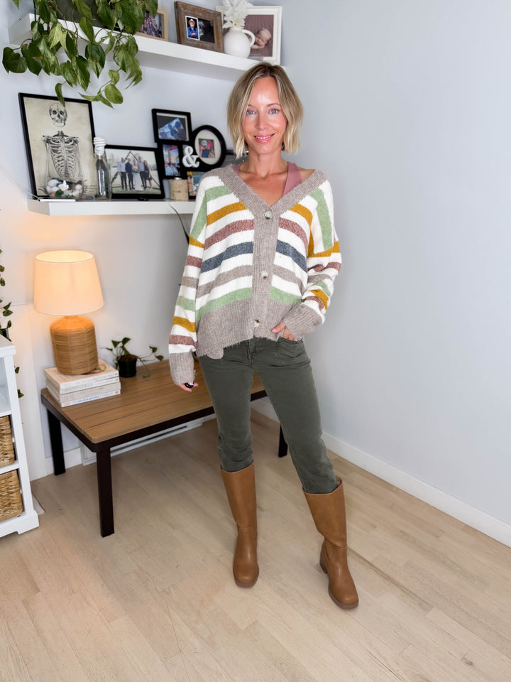 Winter Haven Button Down Cardigan- MULTI STRIPE
