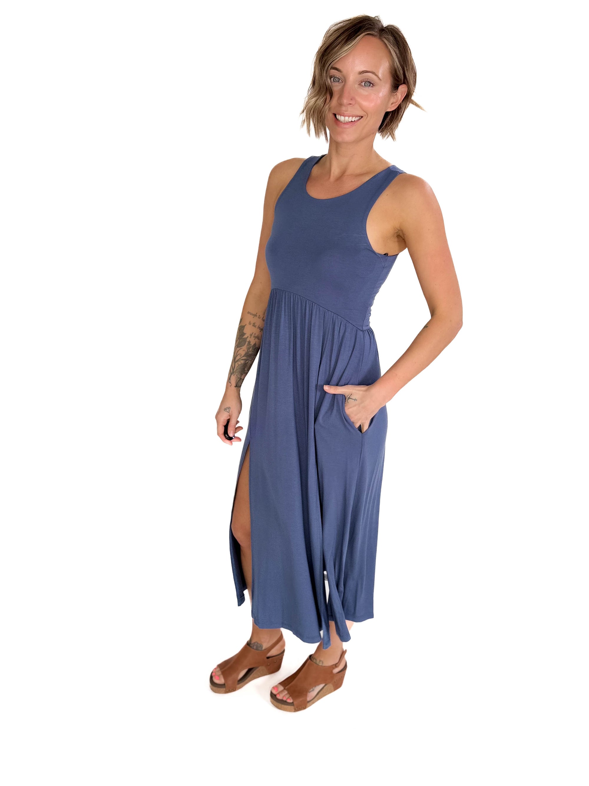Beverly Side Slit Midi Dress- MODERN NAVY