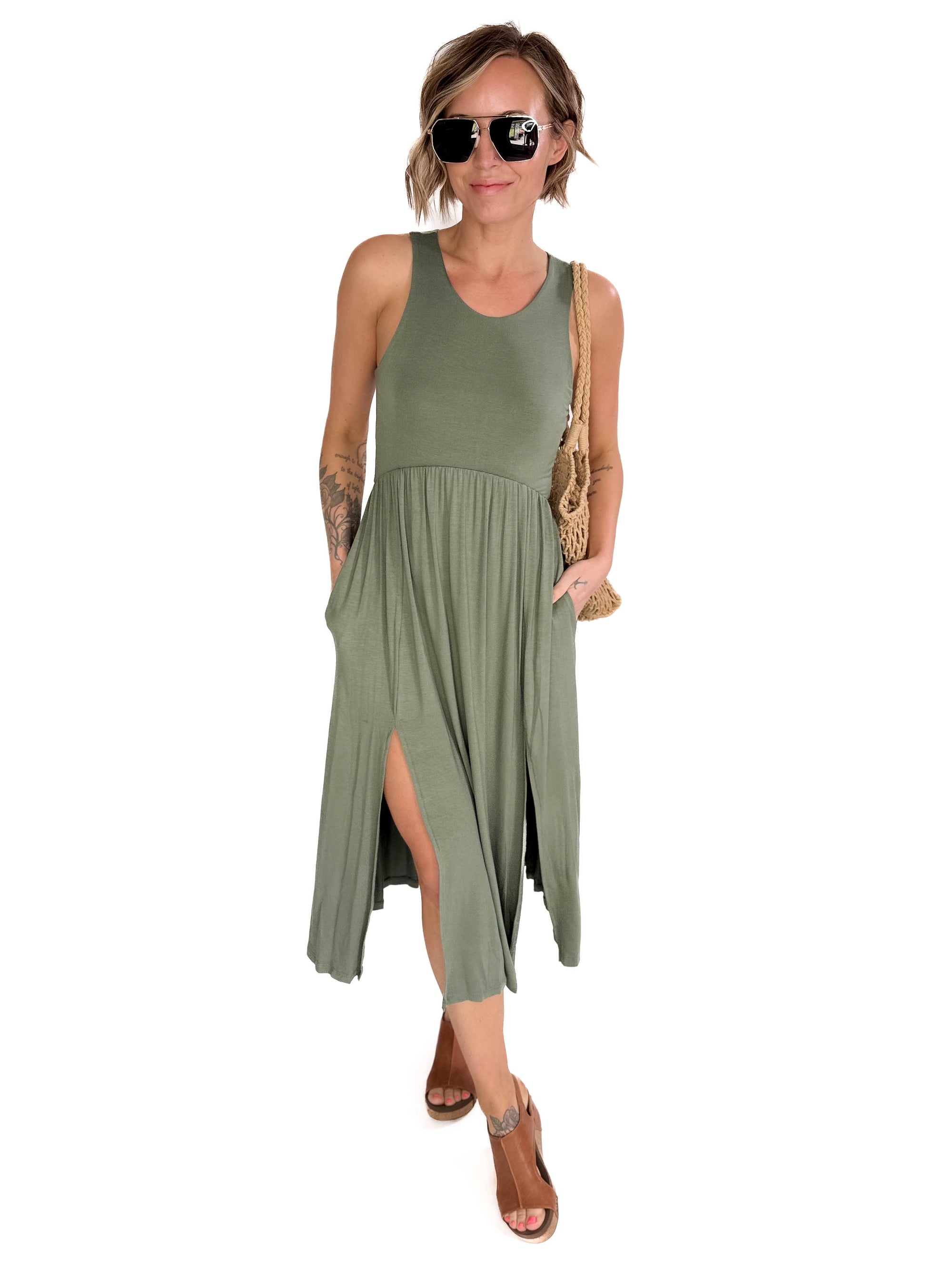 Beverly Side Slit Midi Dress- MODERN OLIVE