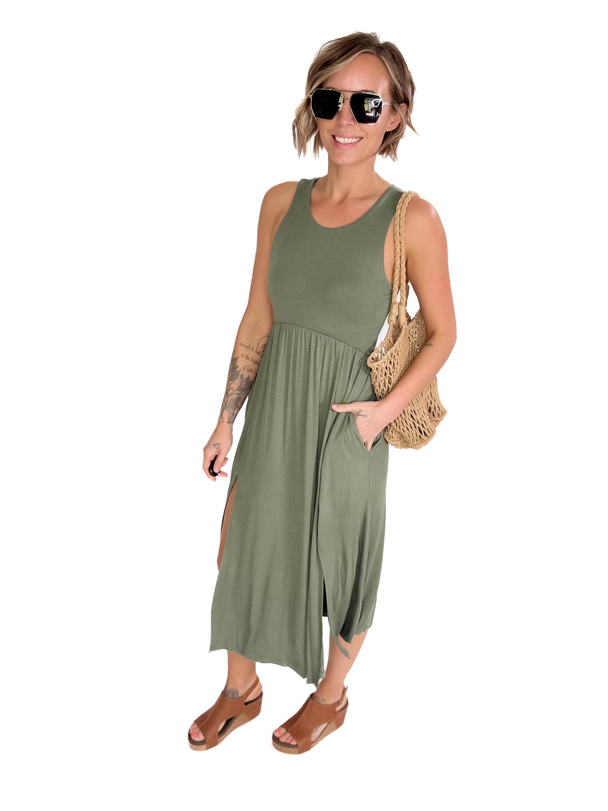 Beverly Side Slit Midi Dress- MODERN OLIVE