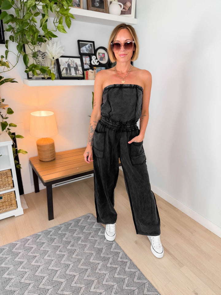 Beach Town Mineral Washed Strapless Jumpsuit- ASH BLACK