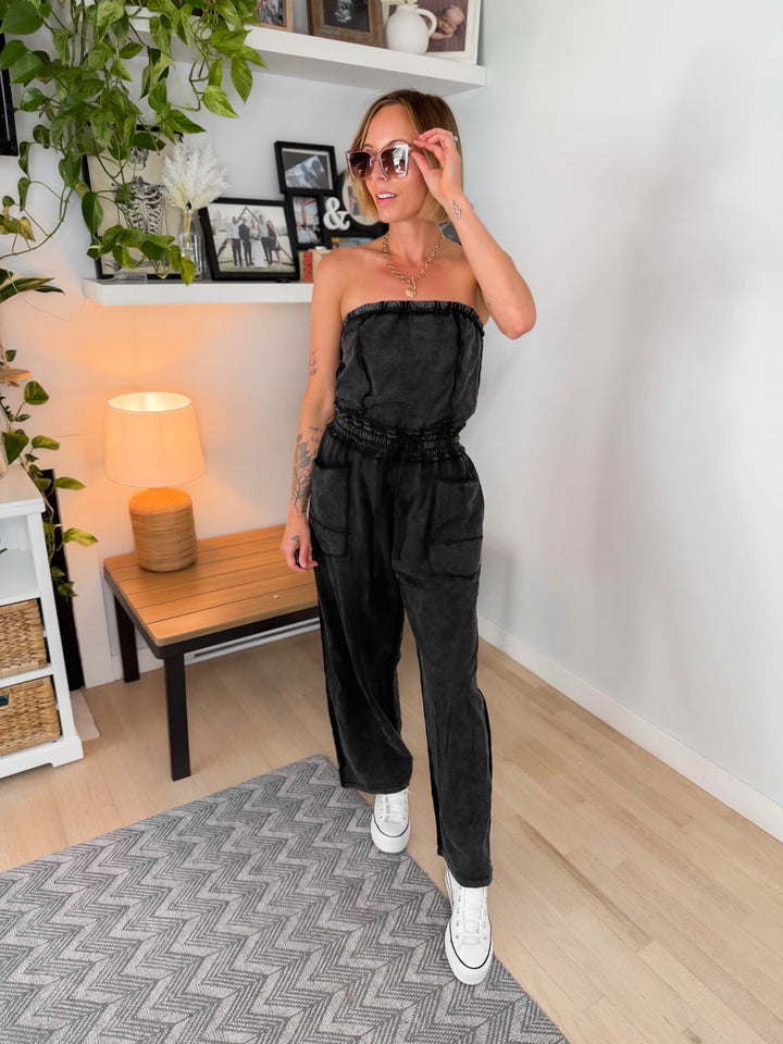 Beach Town Mineral Washed Strapless Jumpsuit- ASH BLACK